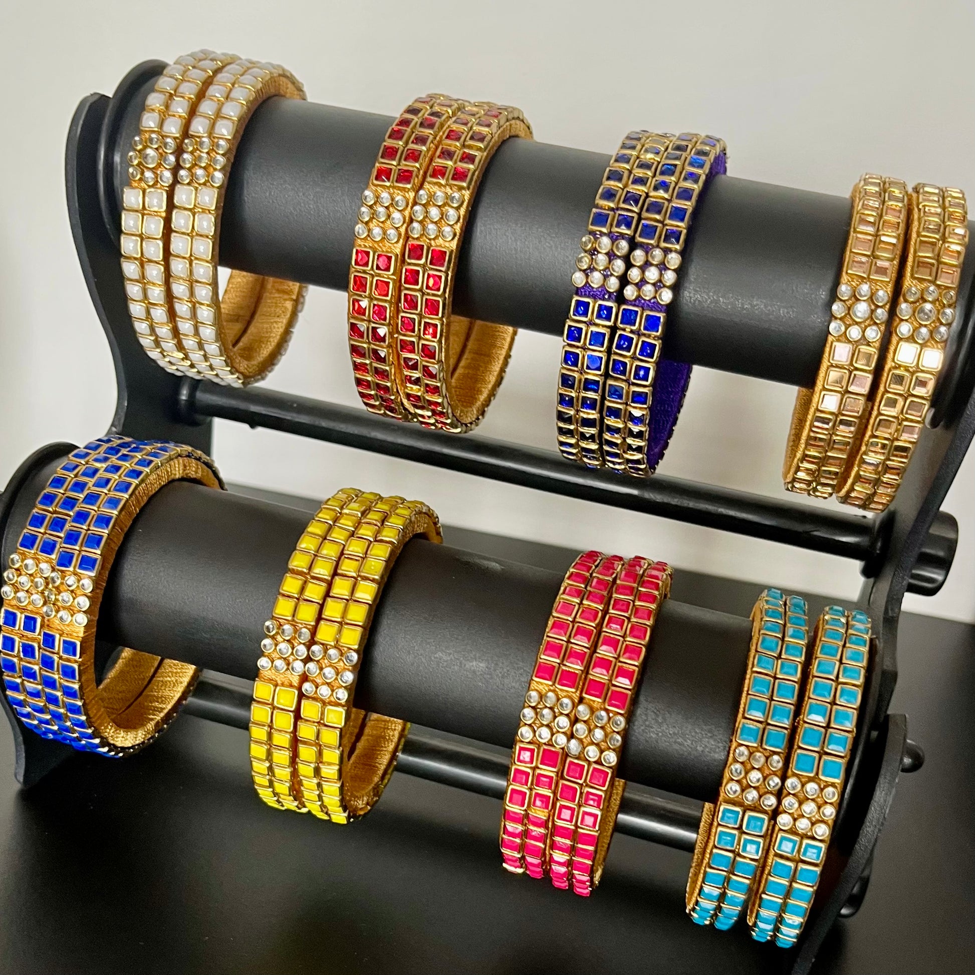 Kundan bangles, double line bangles, return gift bangles, traditional bangles, wedding return gifts, festive bangles, handmade bangles, colorful bangles, Indian bangles, party wear bangles, silk thread bangles, kundan jewelry, ethnic bangles, bridal bangles, mehendi favors, haldi function gifts, Navaratri gifts, baby shower return gifts, pooja gifts, boutique bangles