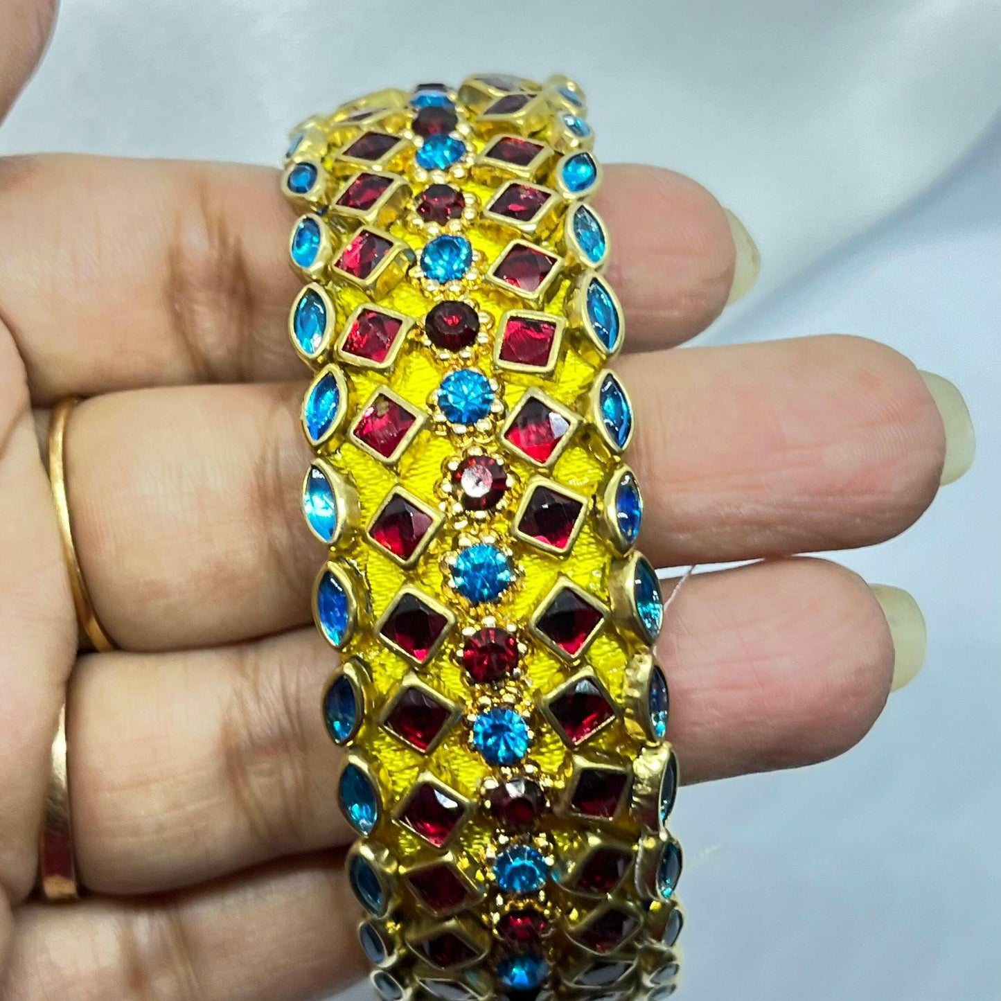 Yellow silk thread bangle with blue and red stones - MATSYA BOUTIQUE