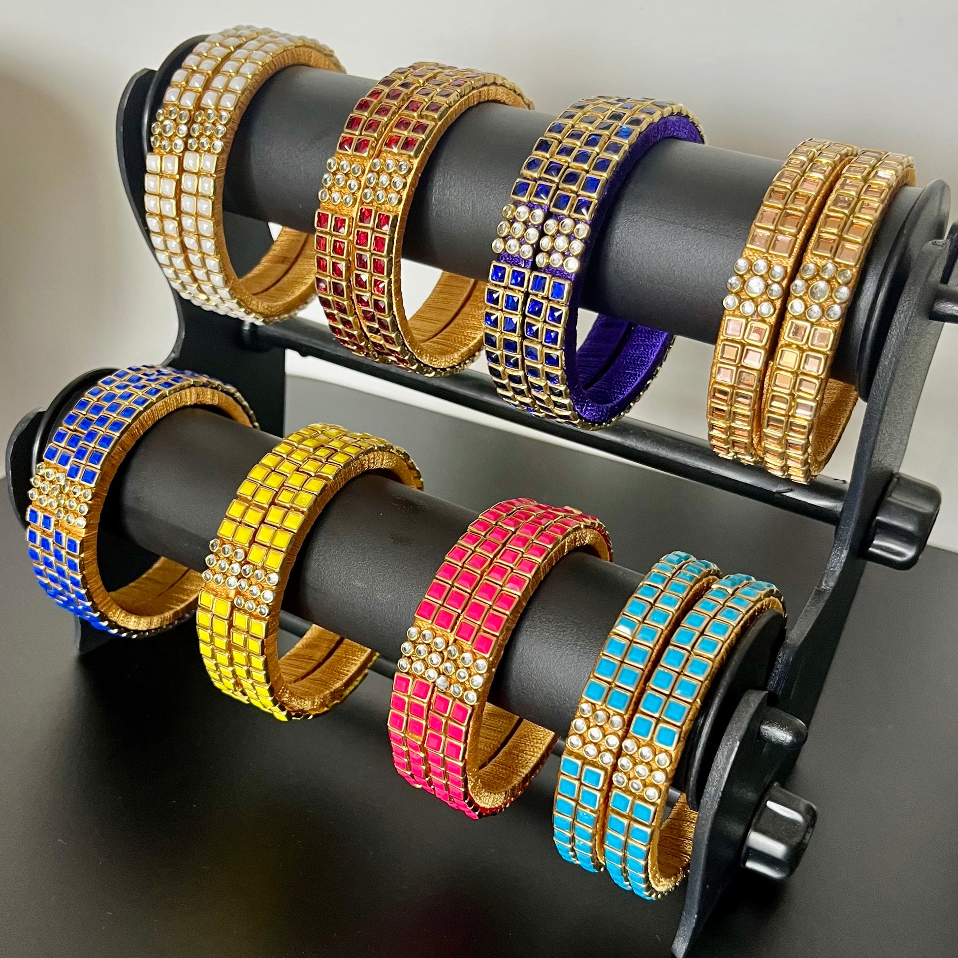 Kundan bangles, double line bangles, return gift bangles, traditional bangles, wedding return gifts, festive bangles, handmade bangles, colorful bangles, Indian bangles, party wear bangles, silk thread bangles, kundan jewelry, ethnic bangles, bridal bangles, mehendi favors, haldi function gifts, Navaratri gifts, baby shower return gifts, pooja gifts, boutique bangles