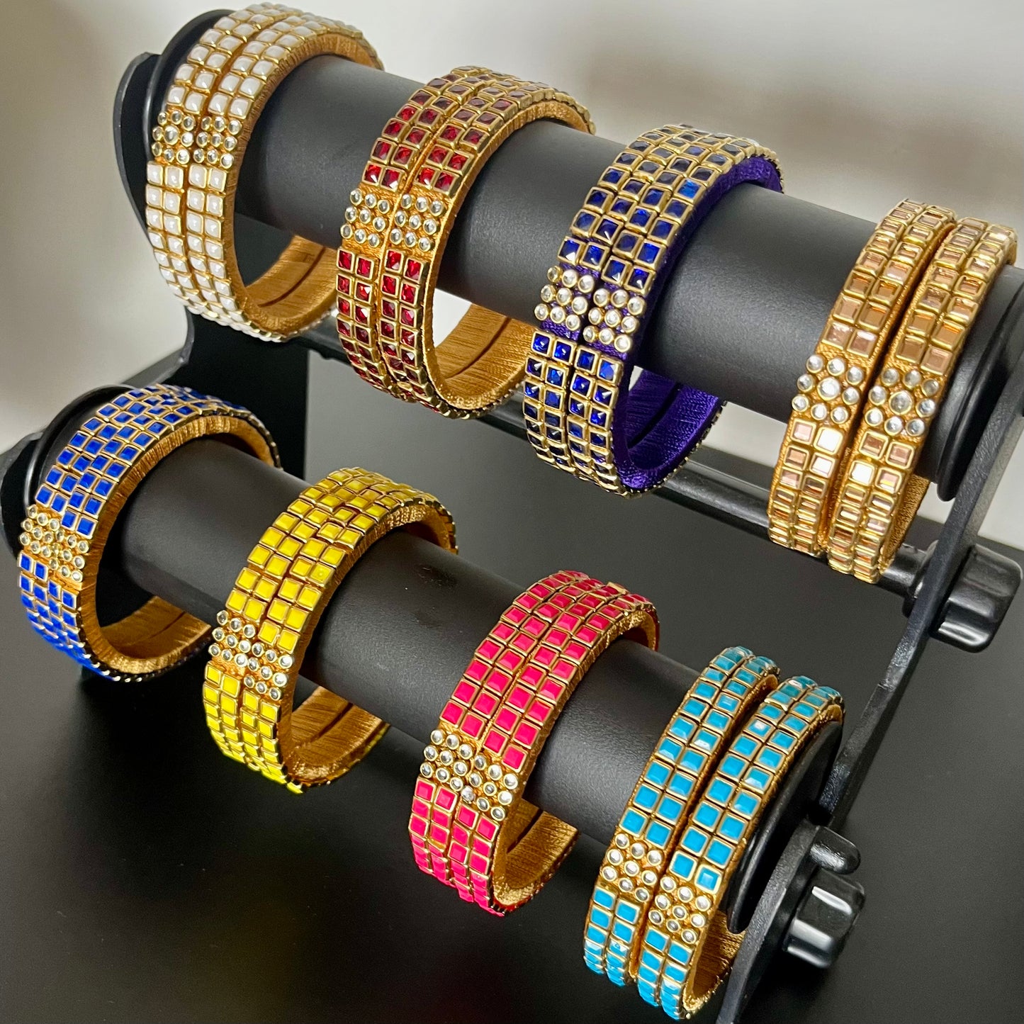 Kundan bangles, double line bangles, return gift bangles, traditional bangles, wedding return gifts, festive bangles, handmade bangles, colorful bangles, Indian bangles, party wear bangles, silk thread bangles, kundan jewelry, ethnic bangles, bridal bangles, mehendi favors, haldi function gifts, Navaratri gifts, baby shower return gifts, pooja gifts, boutique bangles