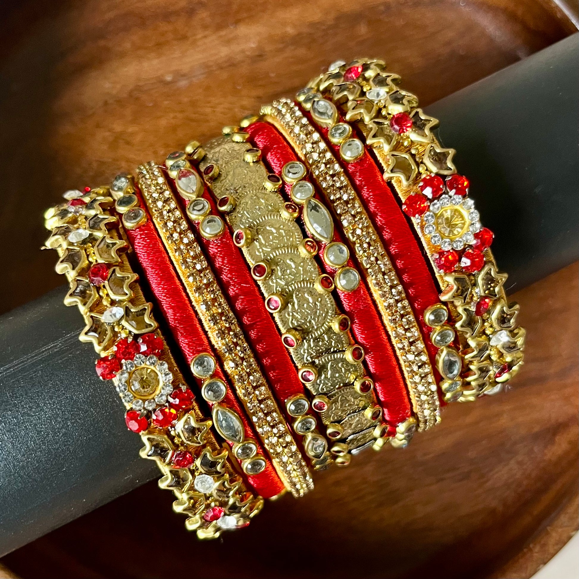 red and gold bangles, bridal bangle set, silk thread bangles, kundan bangles, handmade bangles, traditional bangle set, wedding bangles, Indian bridal jewelry, ethnic bangles, red bangle set, gold bangle set, 9 piece bangle set, festive bangles, designer bangles, Chandrika Charm bangles