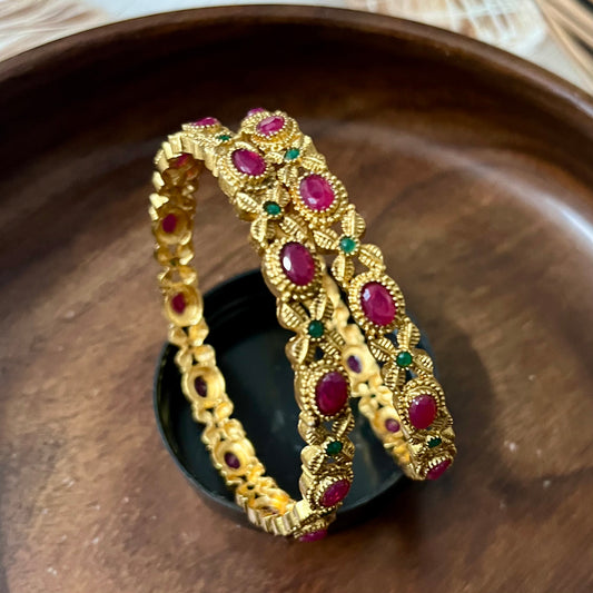 Vintage-Style Gold Bangles with Red and Green Stones