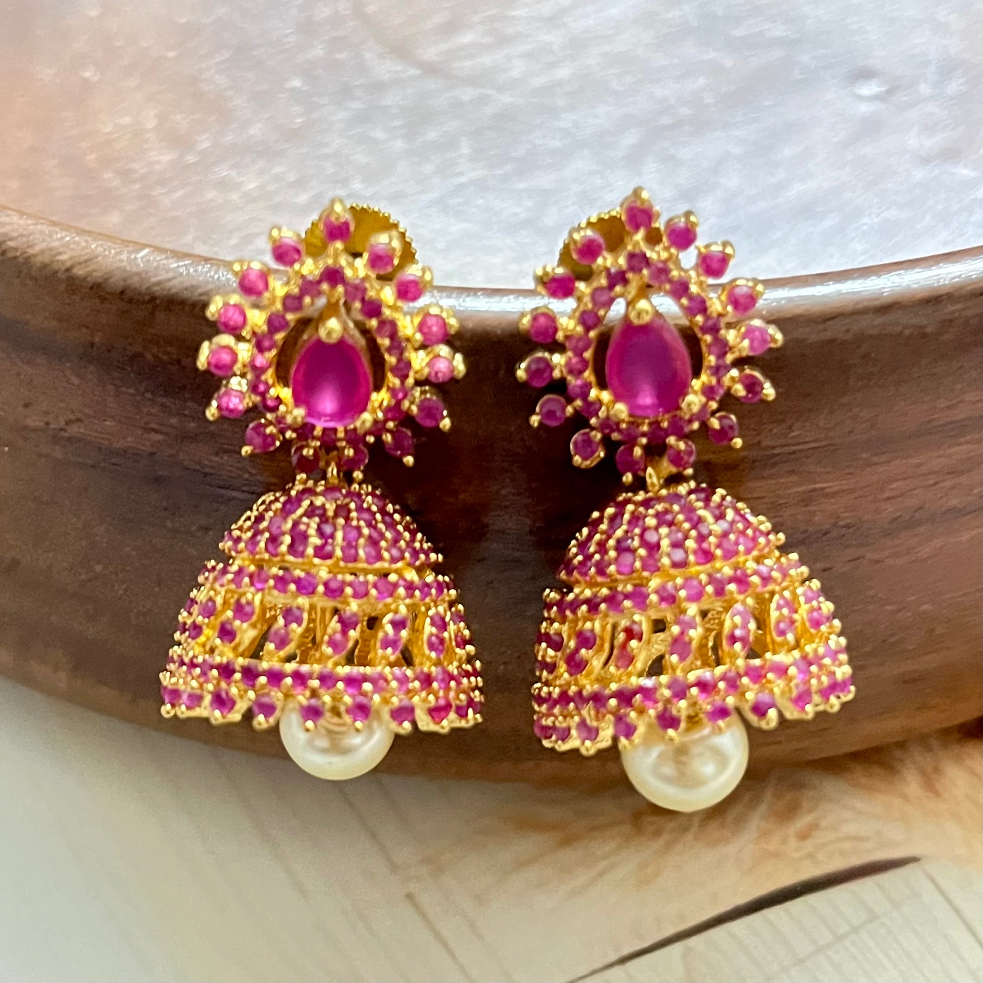 Padmavati Jhumkas, traditional jhumkis, statement earrings, gold pink earrings, Indian wedding jewelry, festive wear accessories, ethnic jhumkas, Matsya Boutique