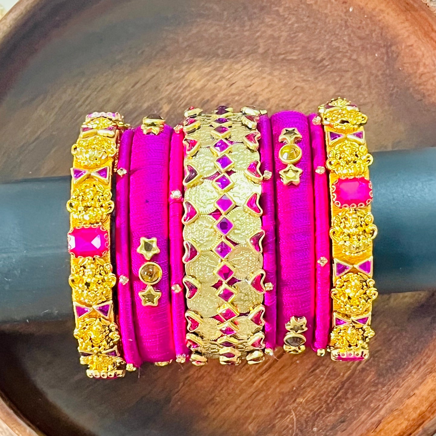 Handmade silk thread bangles, Pink and gold bangle set, Traditional Indian bangles, Designer bangle combo, Ethnic jewelry set, Wedding bangle set, Party wear bangles, Kundan style bangles, Bridal bangles India, Custom bangles Bangalore, Gold plated bangles, Silk thread jewelry, Festive bangles combo, Indian accessories, Ethnic fashion jewelry, Boutique bangles online, Handmade Indian jewelry, Traditional accessories India, Stylish bangles for women, Gold and pink bangles, Vibrant Indian bangles, Bangle stac