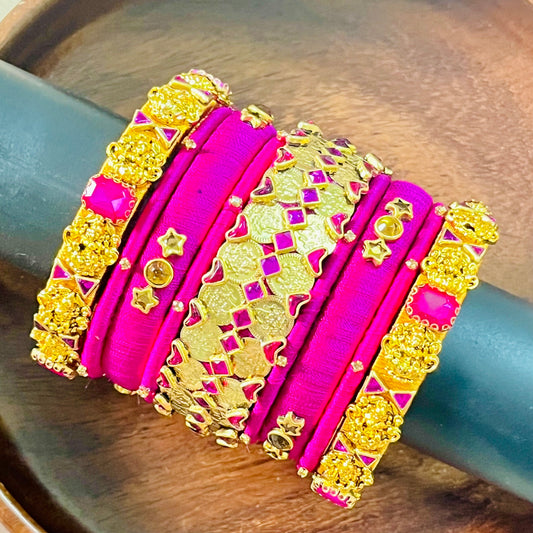Handmade silk thread bangles, Pink and gold bangle set, Traditional Indian bangles, Designer bangle combo, Ethnic jewelry set, Wedding bangle set, Party wear bangles, Kundan style bangles, Bridal bangles India, Custom bangles Bangalore, Gold plated bangles, Silk thread jewelry, Festive bangles combo, Indian accessories, Ethnic fashion jewelry, Boutique bangles online, Handmade Indian jewelry, Traditional accessories India, Stylish bangles for women, Gold and pink bangles, Vibrant Indian bangles, Bangle stac