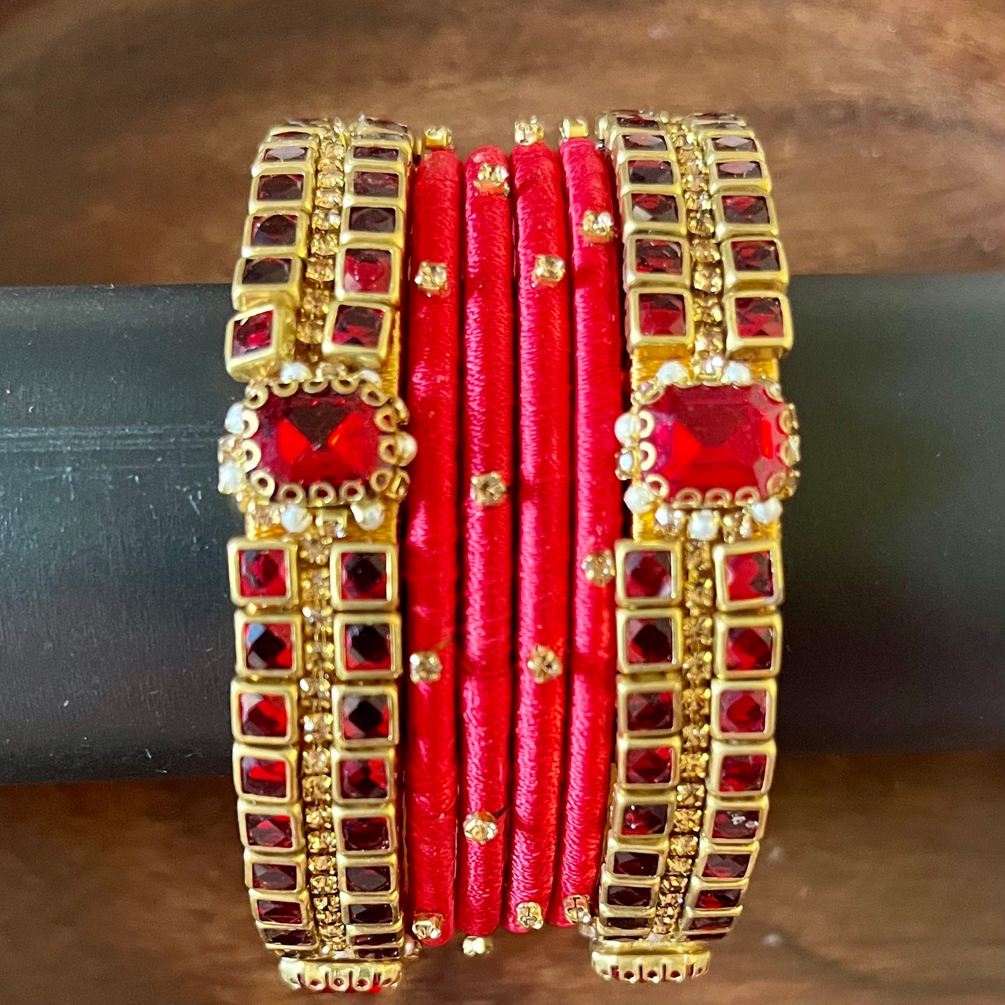 Royal Red Silk Thread Bangles with Kundan Stones