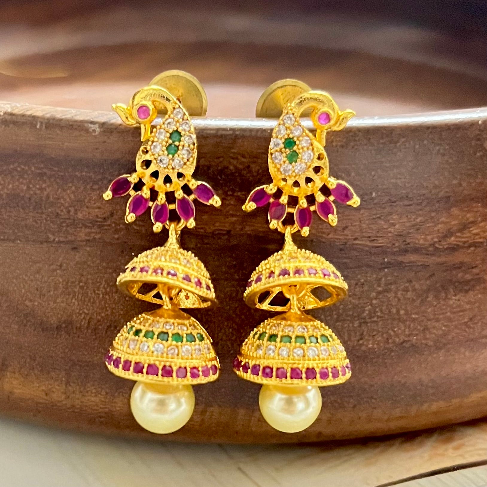 peacock jhumkas, traditional earrings, gold plated jhumkas, ethnic jewellery, indian earrings, festive earrings, party wear jhumkas, kundan earrings, bridal jewellery, designer jhumkas, temple jewellery, jhumka earrings, double layer jhumkas, colorful jhumkas, statement earrings, south indian jewellery, wedding earrings, handmade earrings, boutique earrings, Matsya Boutique