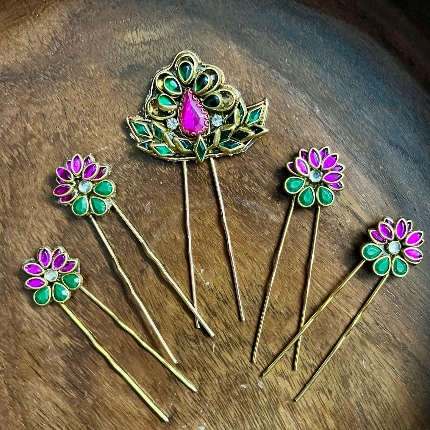 floral hair pins, kundan hair pins, traditional hair accessories, bridal hair pins, pink and green hair pins, Indian hair accessories, ethnic hair pins, festive hair accessories, wedding hair pins, bun pins for women, South Indian hair pins, kundan style pins, hair accessories for saree, handmade hair pins, designer hair accessories, gold plated hair pins, floral hair jewelry, pearl hair pins, hair pins for lehenga, Chandrika Petal Pins