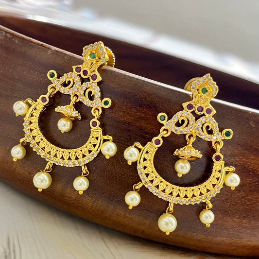 chandbali earrings, gold plated earrings, traditional earrings, kundan earrings, pearl chandbali, bridal earrings, ethnic jewelry, festive wear earrings, wedding jewelry, indian earrings, temple jewelry, south indian earrings, gold finish earrings, handmade earrings, navratri jewelry, diwali earrings, bridal accessory, haldi jewelry, mehndi earrings