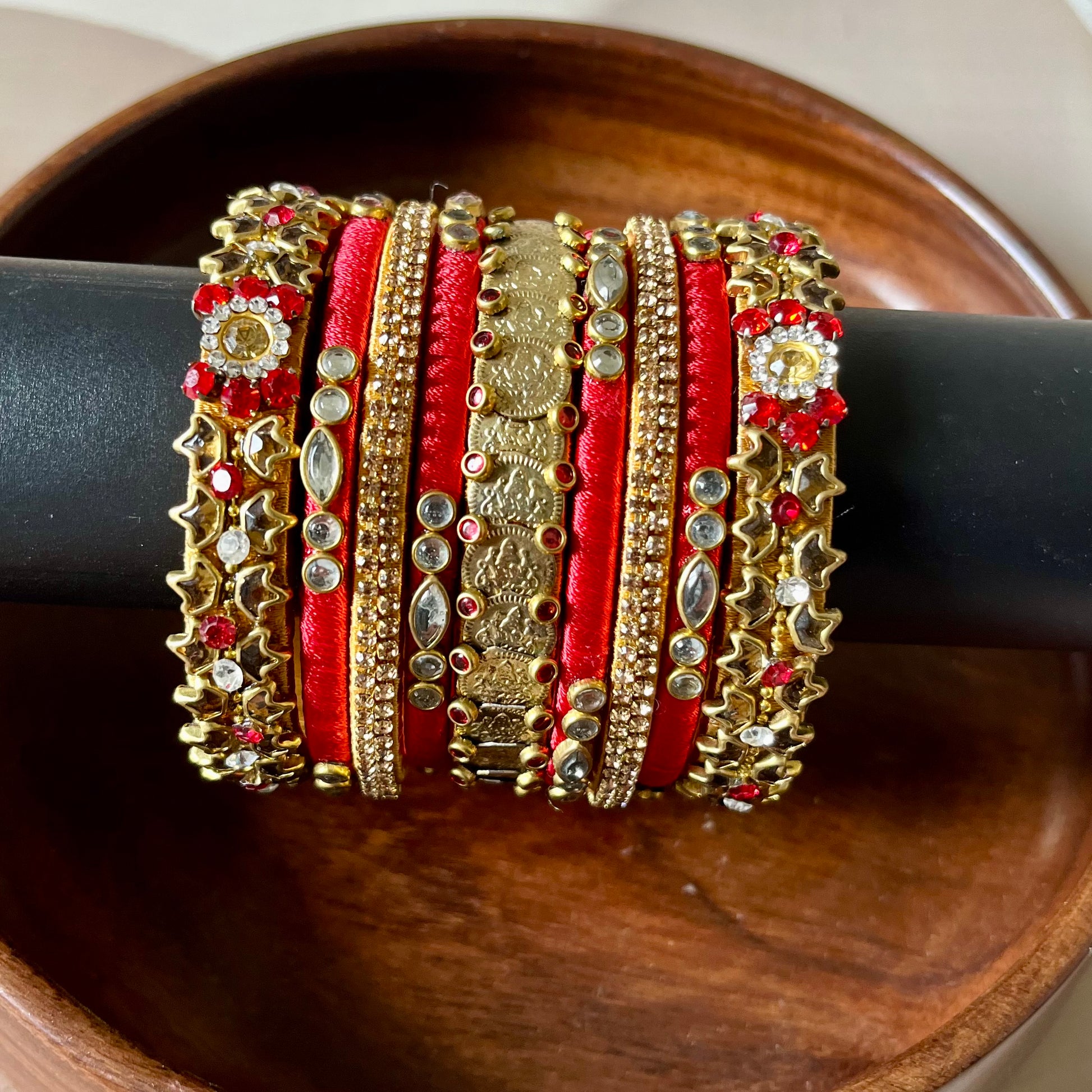 red and gold bangles, bridal bangle set, silk thread bangles, kundan bangles, handmade bangles, traditional bangle set, wedding bangles, Indian bridal jewelry, ethnic bangles, red bangle set, gold bangle set, 9 piece bangle set, festive bangles, designer bangles, Chandrika Charm bangles