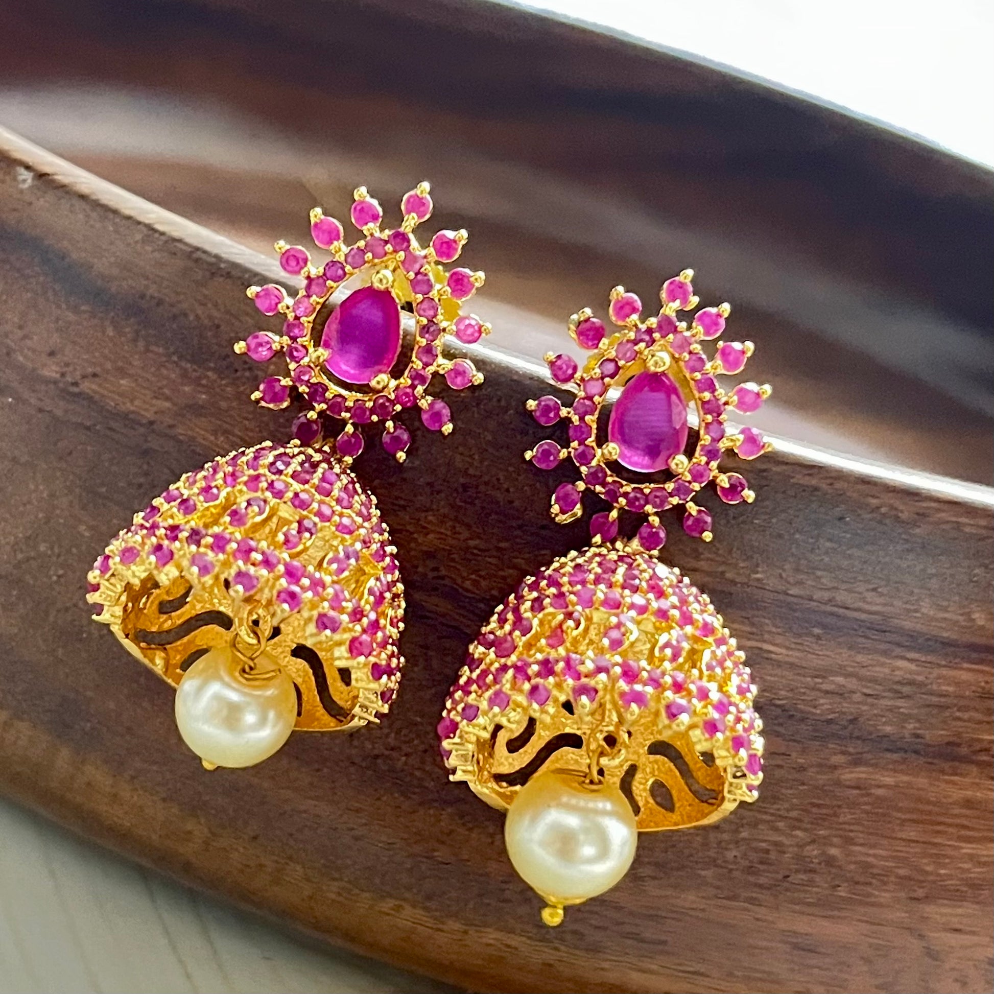 Padmavati Jhumkas, traditional jhumkis, statement earrings, gold pink earrings, Indian wedding jewelry, festive wear accessories, ethnic jhumkas, Matsya Boutique