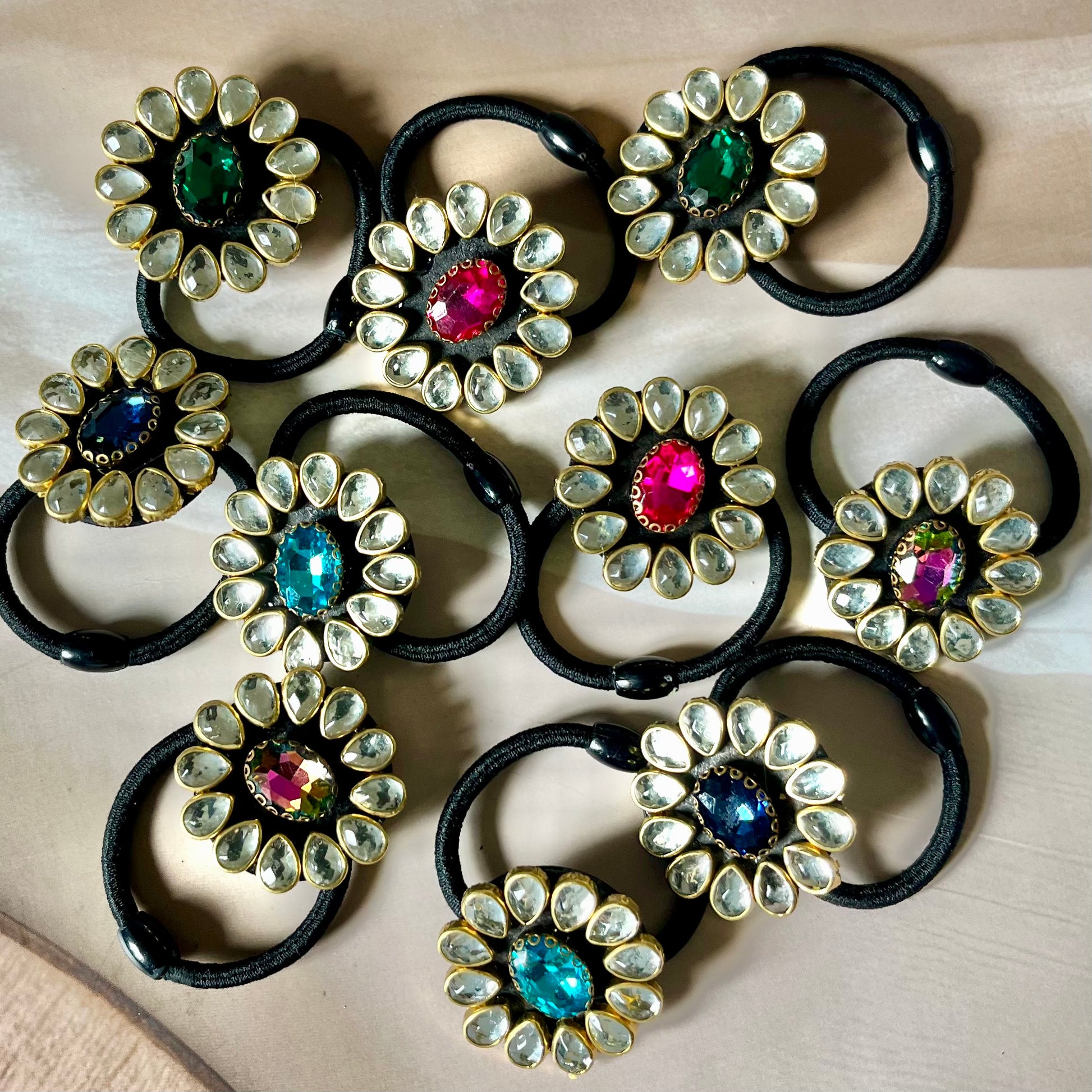 kundan hairbands, embellished hair ties, Indian hair accessories, festive hairbands, traditional hairbands, bridal hair accessories, gemstone hairbands, ethnic hair ties, handmade hairbands, kundan elastic bands, stylish hair accessories, desi hairbands, hairbands for lehenga, hairbands for saree, Indian wedding accessories, kundan jewelry inspired, glam hairbands, ethnic style hairbands, jewel tone hairbands, Kriti Glam Bands