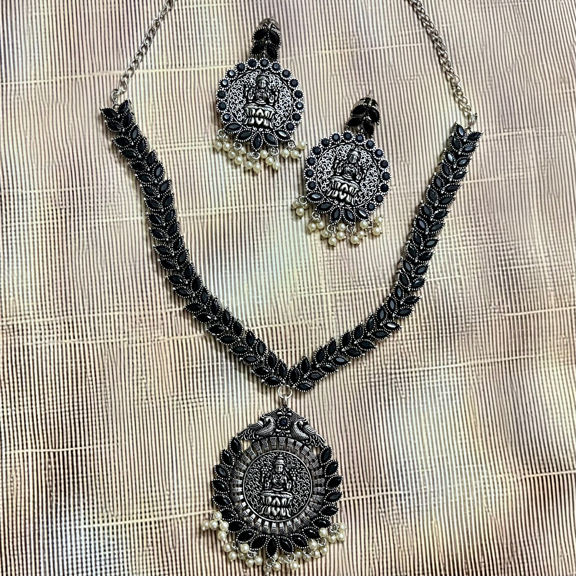 Oxidized Jewelry, Temple Jewelry Set, Lakshmi Necklace Set, Traditional Necklace, Indian Ethnic Jewelry, Antique Silver Jewelry, Festival Jewelry, Goddess Pendant Set, Handcrafted Jewelry, Pearl Drop Necklace, Oxidized Necklace for Women, South Indian Jewelry, Ethnic Wear Accessories, Oxidized Earrings Set, Bridal Temple Jewelry, Statement Necklace Set, Jewelry for Saree, Handmade Oxidized Jewelry, Indian Festive Jewelry, Boho Ethnic Jewelry