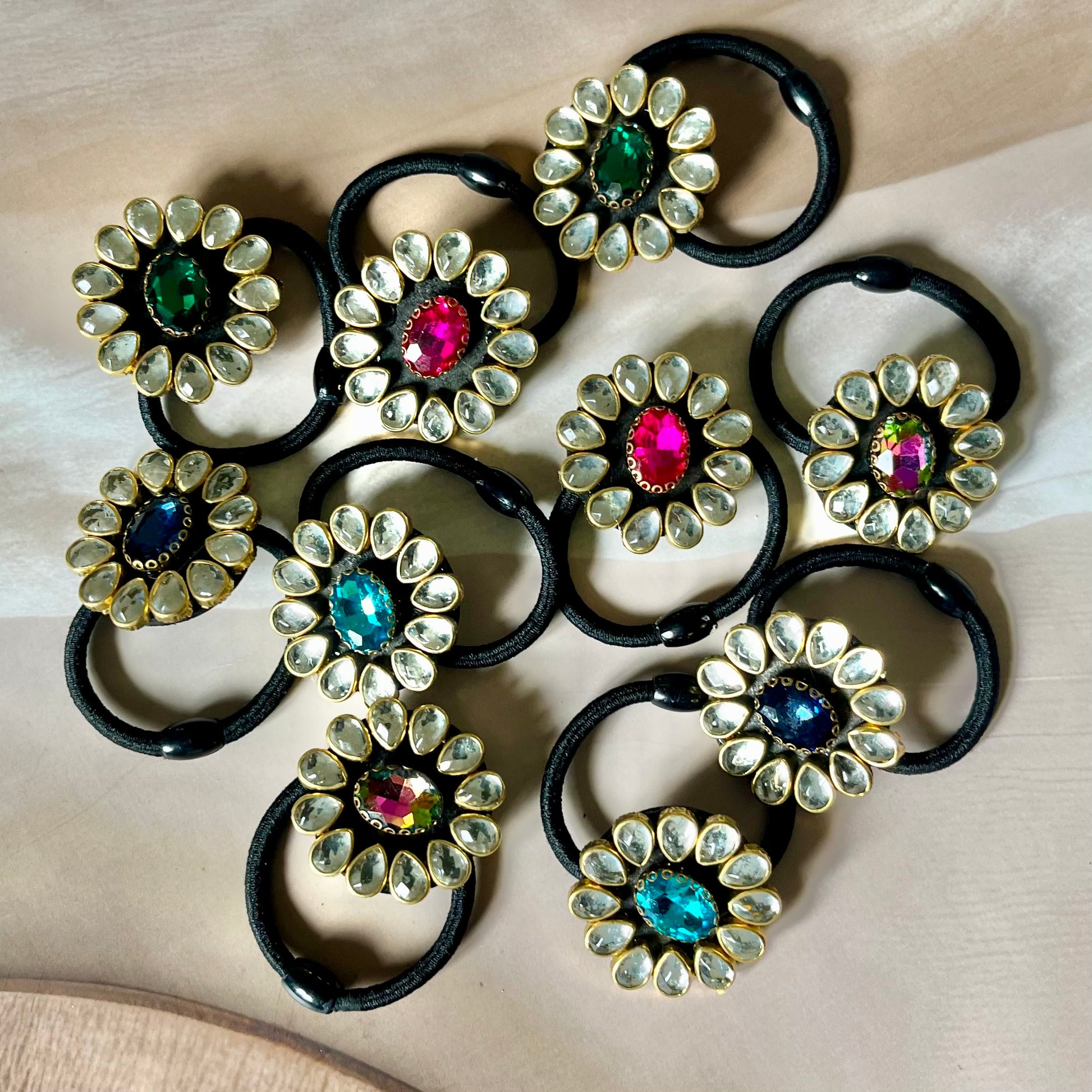 kundan hairbands, embellished hair ties, Indian hair accessories, festive hairbands, traditional hairbands, bridal hair accessories, gemstone hairbands, ethnic hair ties, handmade hairbands, kundan elastic bands, stylish hair accessories, desi hairbands, hairbands for lehenga, hairbands for saree, Indian wedding accessories, kundan jewelry inspired, glam hairbands, ethnic style hairbands, jewel tone hairbands, Kriti Glam Bands