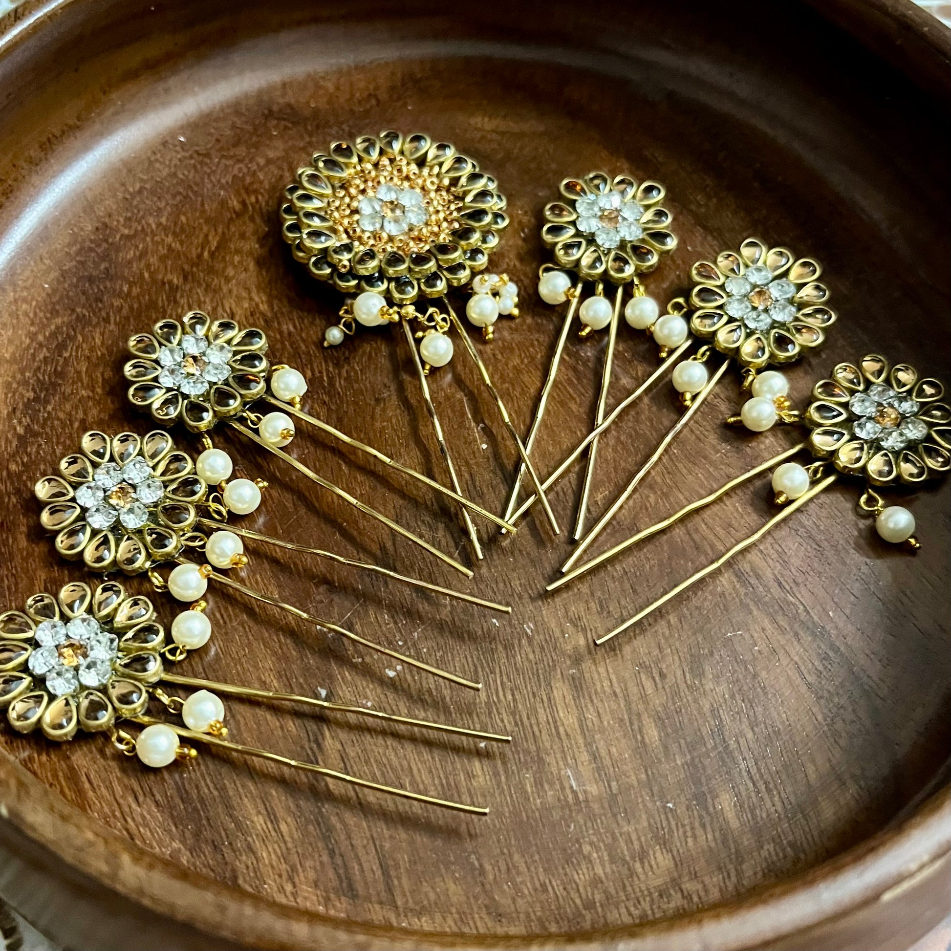 handmade hair accessories, Kundan hair pins, bridal hair pins, floral hair accessories, pearl hair pins, bun hair pins for wedding, traditional hair accessories, Indian wedding hair jewelry, ethnic hair pins, hair accessories for lehenga, golden U pin hair accessories, kundan bun pins, festive hair pins, silk thread jewelry accessories, crystal hair pins India