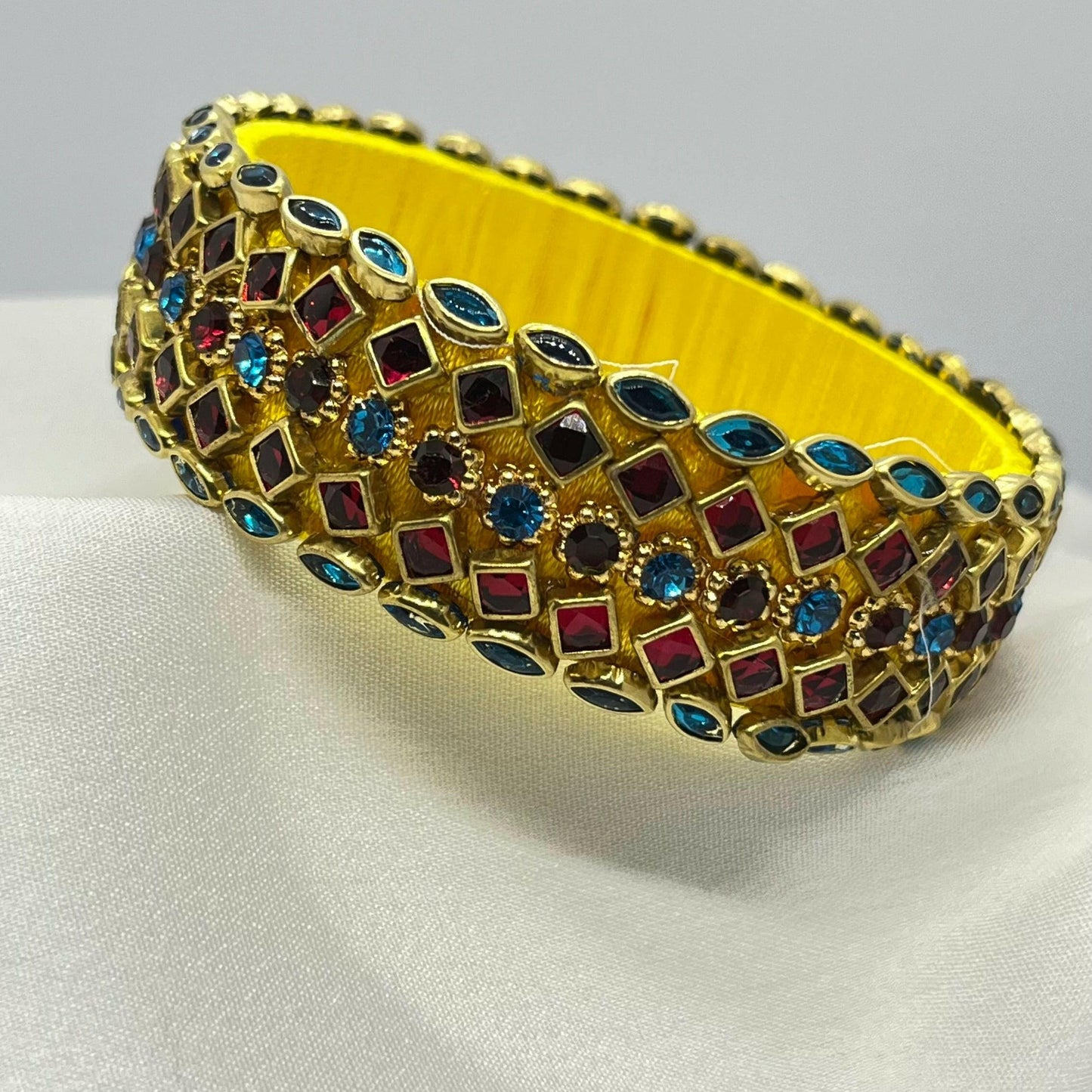 Yellow silk thread bangle with blue and red stones - MATSYA BOUTIQUE
