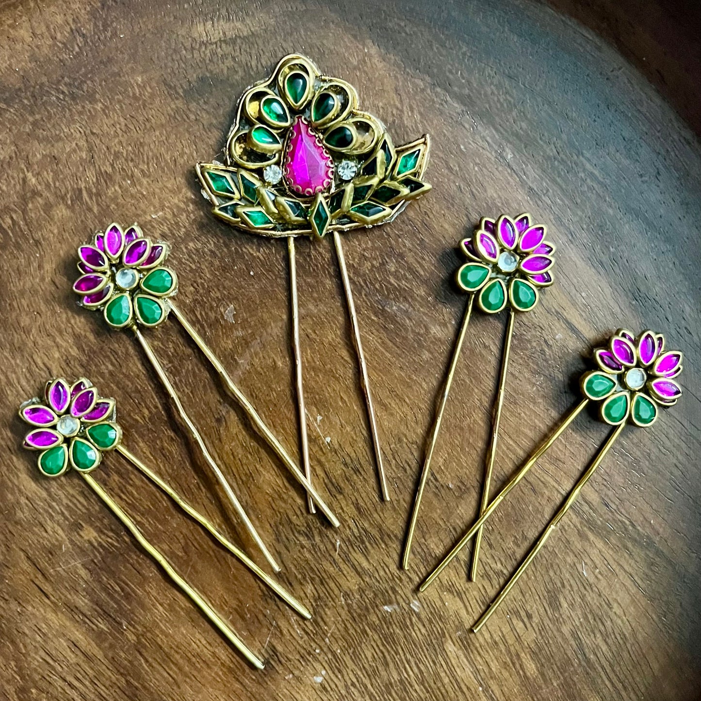 floral hair pins, kundan hair pins, traditional hair accessories, bridal hair pins, pink and green hair pins, Indian hair accessories, ethnic hair pins, festive hair accessories, wedding hair pins, bun pins for women, South Indian hair pins, kundan style pins, hair accessories for saree, handmade hair pins, designer hair accessories, gold plated hair pins, floral hair jewelry, pearl hair pins, hair pins for lehenga, Chandrika Petal Pins