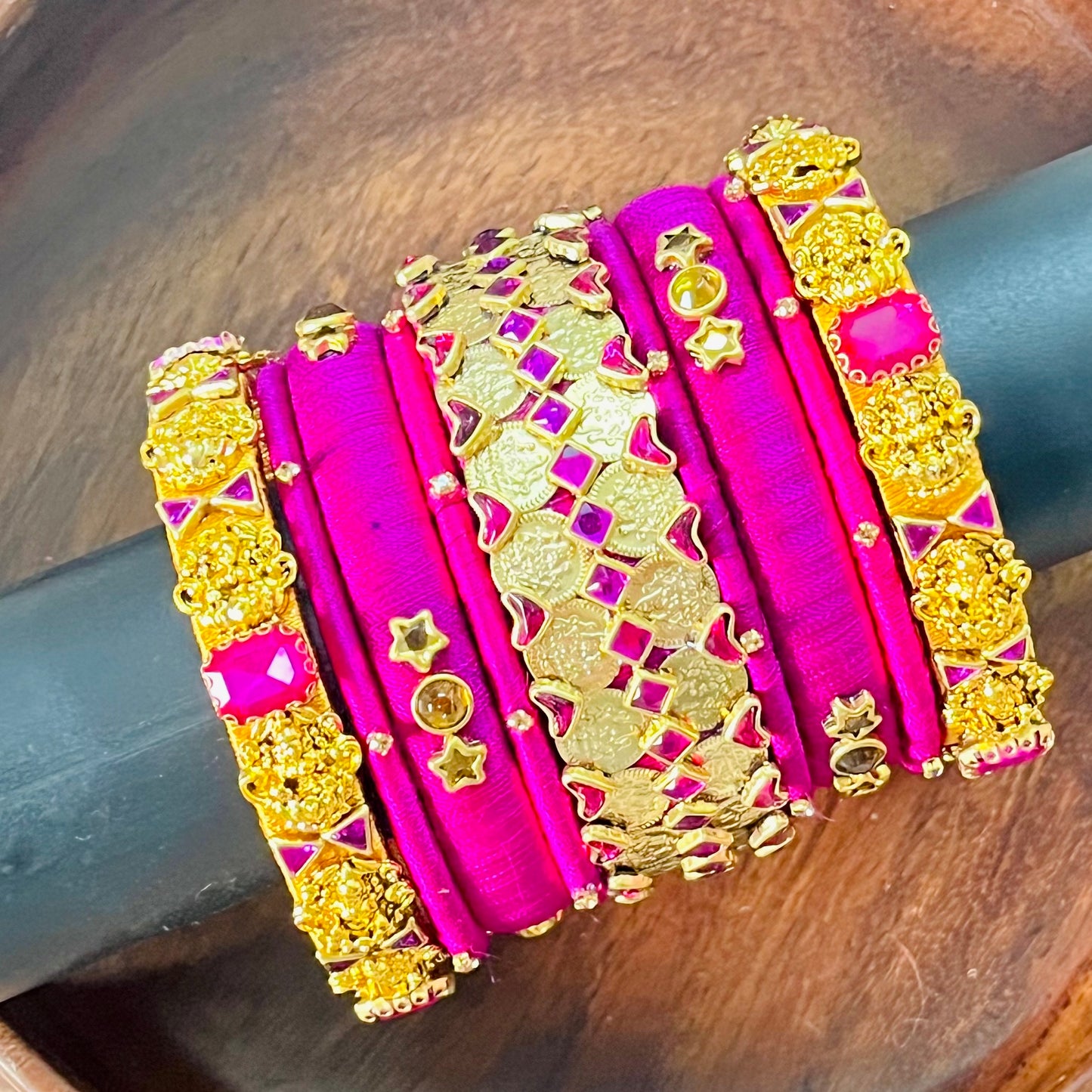 Handmade silk thread bangles, Pink and gold bangle set, Traditional Indian bangles, Designer bangle combo, Ethnic jewelry set, Wedding bangle set, Party wear bangles, Kundan style bangles, Bridal bangles India, Custom bangles Bangalore, Gold plated bangles, Silk thread jewelry, Festive bangles combo, Indian accessories, Ethnic fashion jewelry, Boutique bangles online, Handmade Indian jewelry, Traditional accessories India, Stylish bangles for women, Gold and pink bangles, Vibrant Indian bangles, Bangle stac