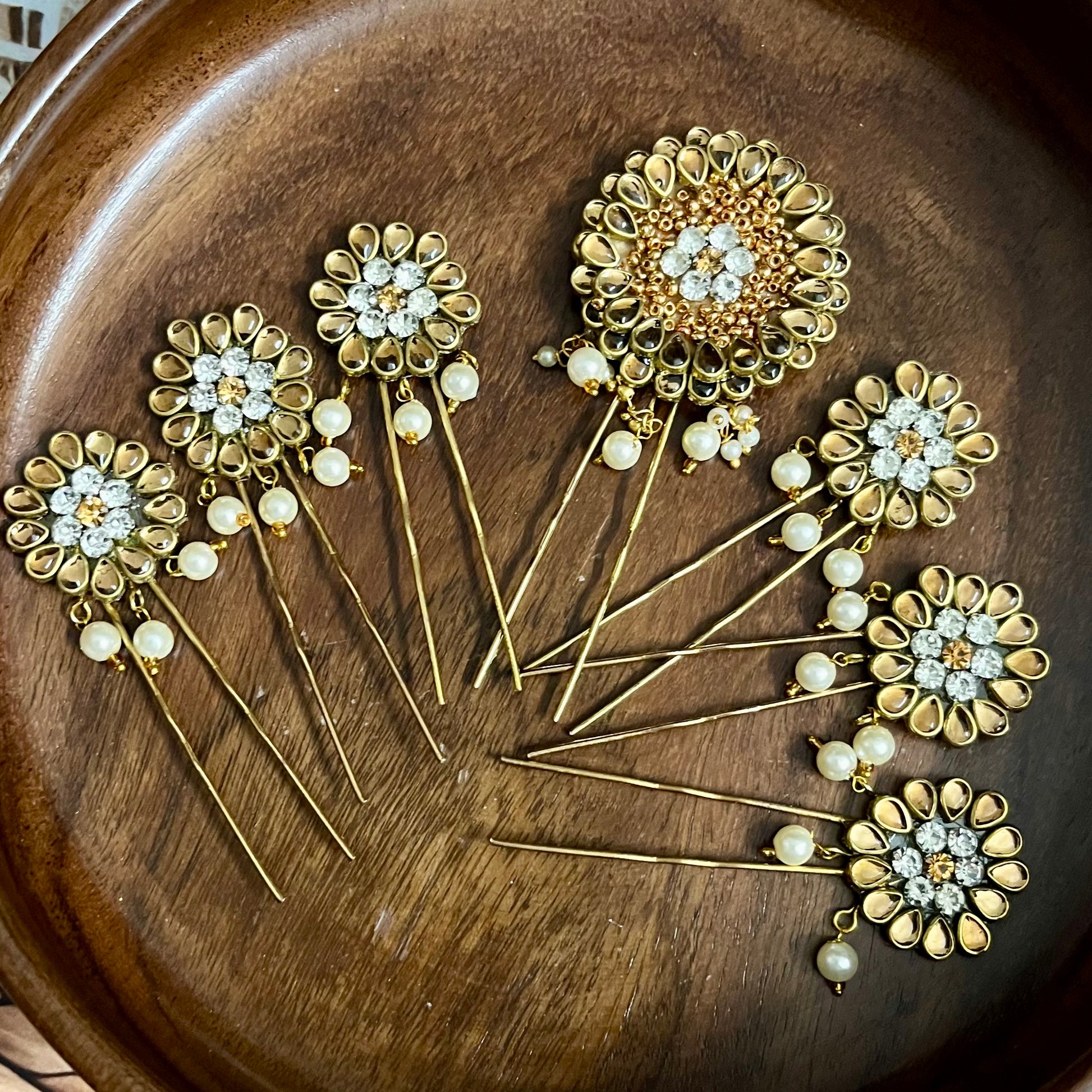 handmade hair accessories, Kundan hair pins, bridal hair pins, floral hair accessories, pearl hair pins, bun hair pins for wedding, traditional hair accessories, Indian wedding hair jewelry, ethnic hair pins, hair accessories for lehenga, golden U pin hair accessories, kundan bun pins, festive hair pins, silk thread jewelry accessories, crystal hair pins India