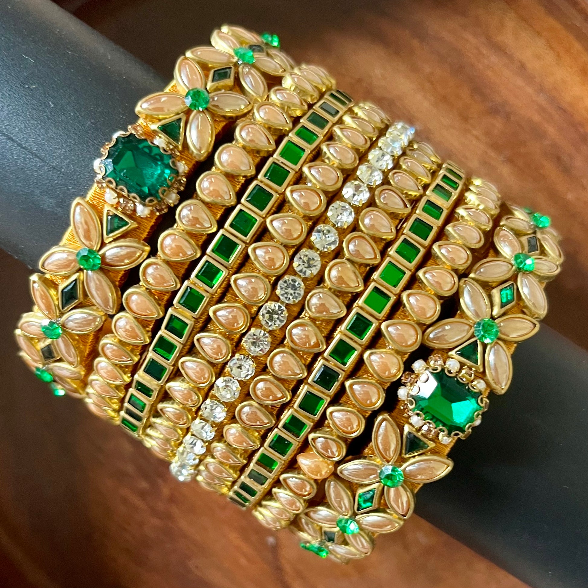 green gold bangle set, kundan bangle set, bridal bangles, traditional bangles, festive bangles, Indian bangle set, emerald bangle set, gold bangles for women, kundan jewelry, wedding bangles, designer bangle set, floral bangles, pearl bangles, handcrafted bangles, ethnic wear accessories, bangle set for saree, bangle set for lehenga, silk thread bangles, bangles for gifting, party wear bangles