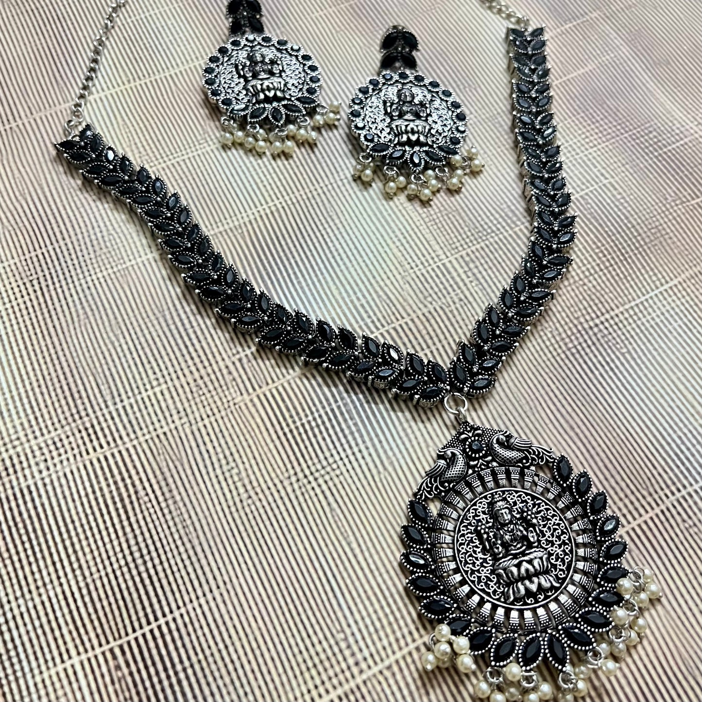 Oxidized Jewelry, Temple Jewelry Set, Lakshmi Necklace Set, Traditional Necklace, Indian Ethnic Jewelry, Antique Silver Jewelry, Festival Jewelry, Goddess Pendant Set, Handcrafted Jewelry, Pearl Drop Necklace, Oxidized Necklace for Women, South Indian Jewelry, Ethnic Wear Accessories, Oxidized Earrings Set, Bridal Temple Jewelry, Statement Necklace Set, Jewelry for Saree, Handmade Oxidized Jewelry, Indian Festive Jewelry, Boho Ethnic Jewelry
