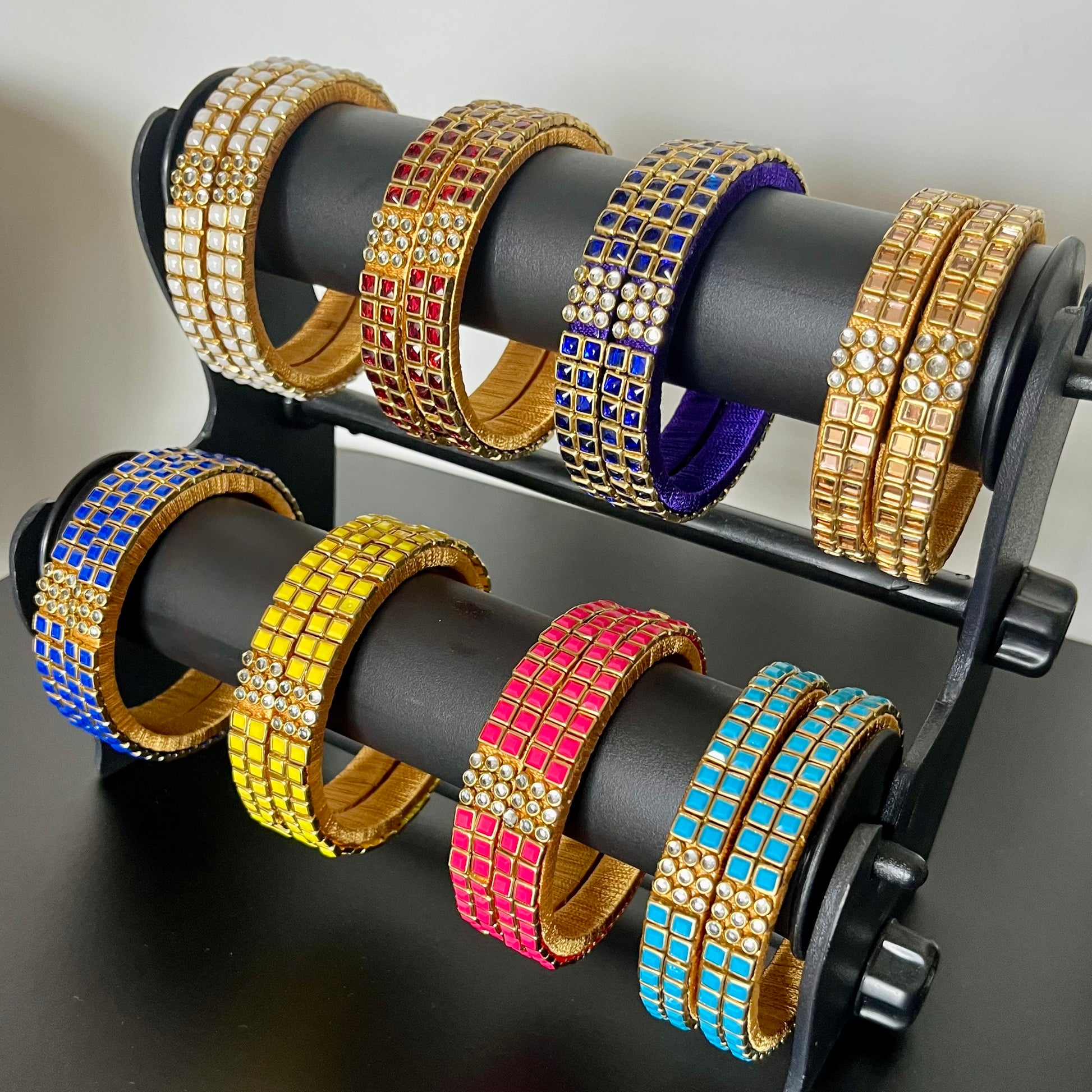 Kundan bangles, double line bangles, return gift bangles, traditional bangles, wedding return gifts, festive bangles, handmade bangles, colorful bangles, Indian bangles, party wear bangles, silk thread bangles, kundan jewelry, ethnic bangles, bridal bangles, mehendi favors, haldi function gifts, Navaratri gifts, baby shower return gifts, pooja gifts, boutique bangles