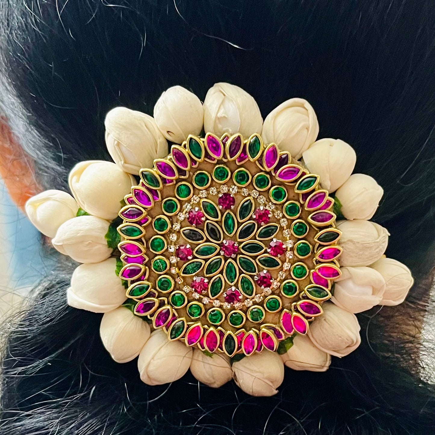 floral juda pin, hair accessories for bun, bridal juda pin, kundan juda pin, jasmine juda pin, traditional hair accessory, indian bridal hair accessory, handcrafted juda pin, wedding hair accessory, artificial gajra pin, south indian hair accessory, floral hair brooch, juda pin for saree look, festive hair accessory, juda pin set