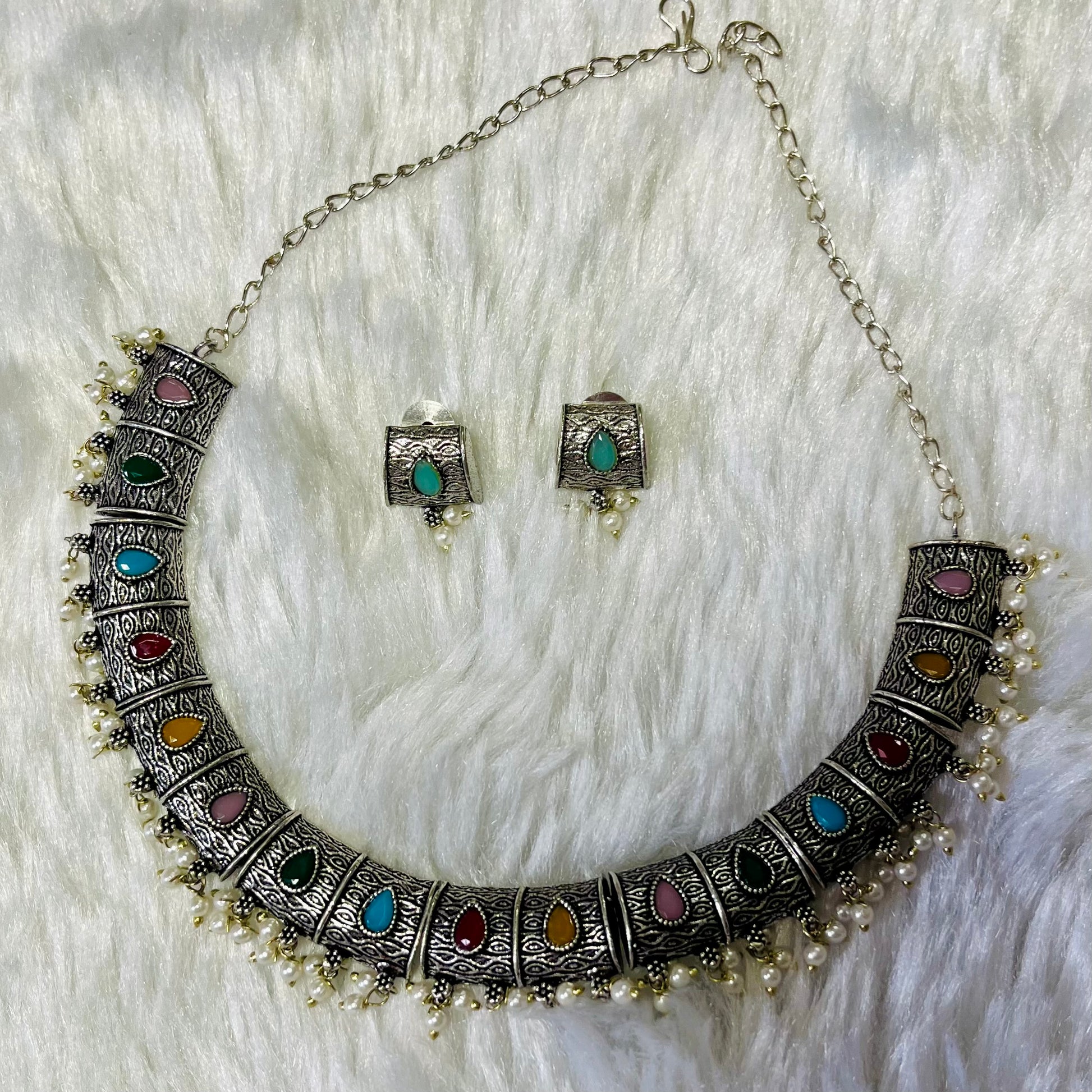 oxidized necklace set, multicolor oxidized jewelry, Indian necklace and earrings, ethnic jewelry set, traditional jewelry for women, boho oxidized necklace, festival wear jewelry, antique silver necklace, handmade necklace earrings set, colorful oxidized necklace, oxidized choker with pearls, statement Indian necklace, tribal style jewelry, oxidized jewellery online India, boho chic necklace set