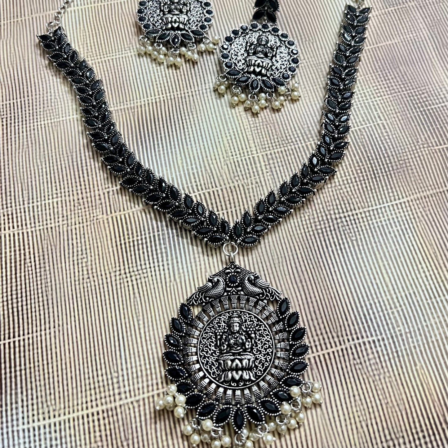 Oxidized Jewelry, Temple Jewelry Set, Lakshmi Necklace Set, Traditional Necklace, Indian Ethnic Jewelry, Antique Silver Jewelry, Festival Jewelry, Goddess Pendant Set, Handcrafted Jewelry, Pearl Drop Necklace, Oxidized Necklace for Women, South Indian Jewelry, Ethnic Wear Accessories, Oxidized Earrings Set, Bridal Temple Jewelry, Statement Necklace Set, Jewelry for Saree, Handmade Oxidized Jewelry, Indian Festive Jewelry, Boho Ethnic Jewelry