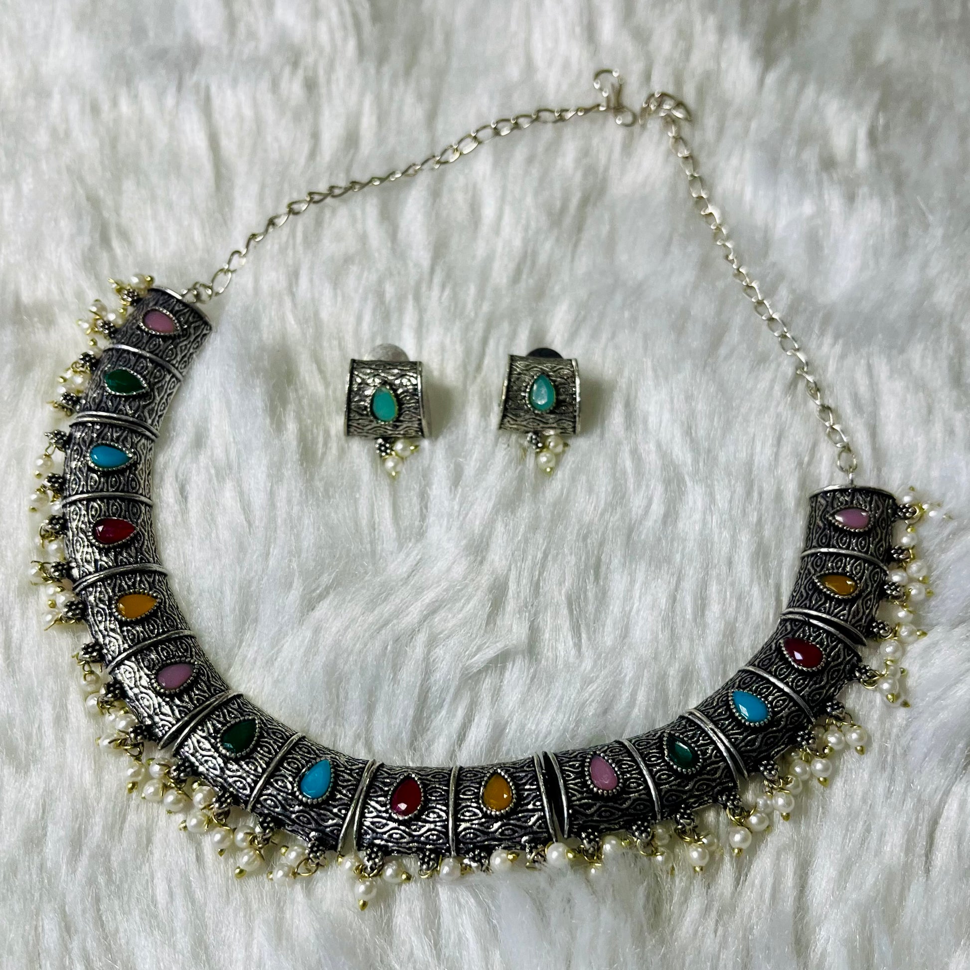 oxidized necklace set, multicolor oxidized jewelry, Indian necklace and earrings, ethnic jewelry set, traditional jewelry for women, boho oxidized necklace, festival wear jewelry, antique silver necklace, handmade necklace earrings set, colorful oxidized necklace, oxidized choker with pearls, statement Indian necklace, tribal style jewelry, oxidized jewellery online India, boho chic necklace set