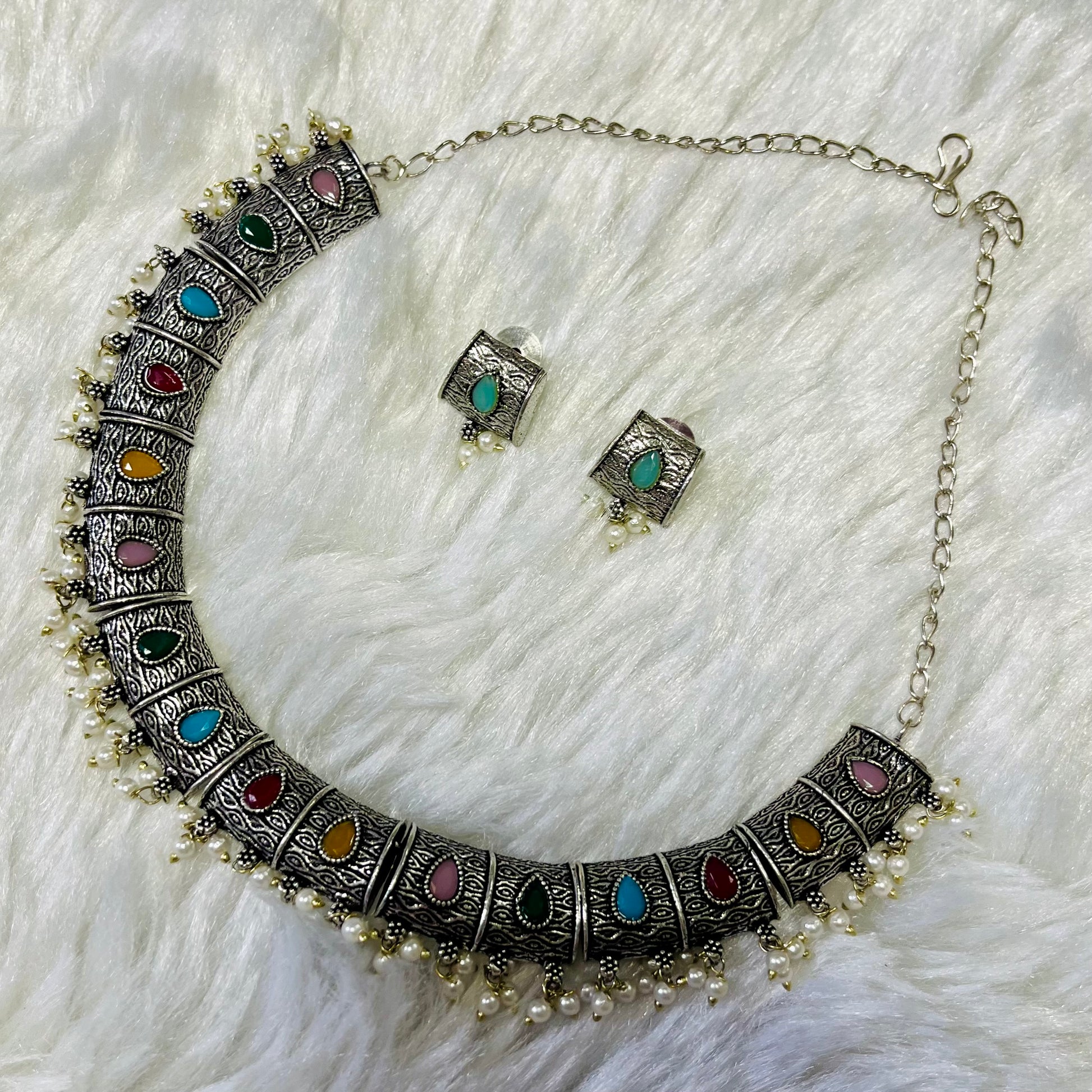 oxidized necklace set, multicolor oxidized jewelry, Indian necklace and earrings, ethnic jewelry set, traditional jewelry for women, boho oxidized necklace, festival wear jewelry, antique silver necklace, handmade necklace earrings set, colorful oxidized necklace, oxidized choker with pearls, statement Indian necklace, tribal style jewelry, oxidized jewellery online India, boho chic necklace set