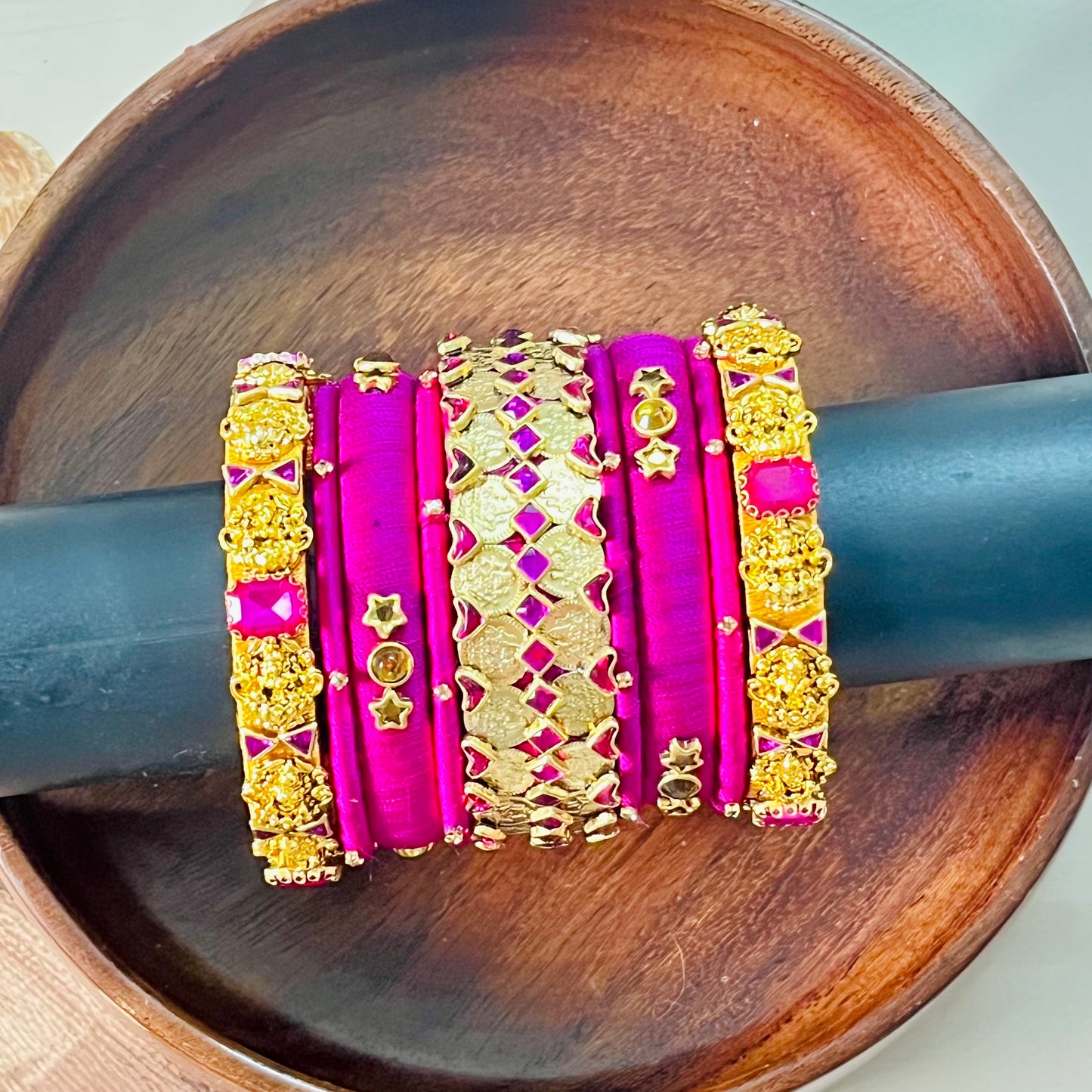 Handmade silk thread bangles, Pink and gold bangle set, Traditional Indian bangles, Designer bangle combo, Ethnic jewelry set, Wedding bangle set, Party wear bangles, Kundan style bangles, Bridal bangles India, Custom bangles Bangalore, Gold plated bangles, Silk thread jewelry, Festive bangles combo, Indian accessories, Ethnic fashion jewelry, Boutique bangles online, Handmade Indian jewelry, Traditional accessories India, Stylish bangles for women, Gold and pink bangles, Vibrant Indian bangles, Bangle stac