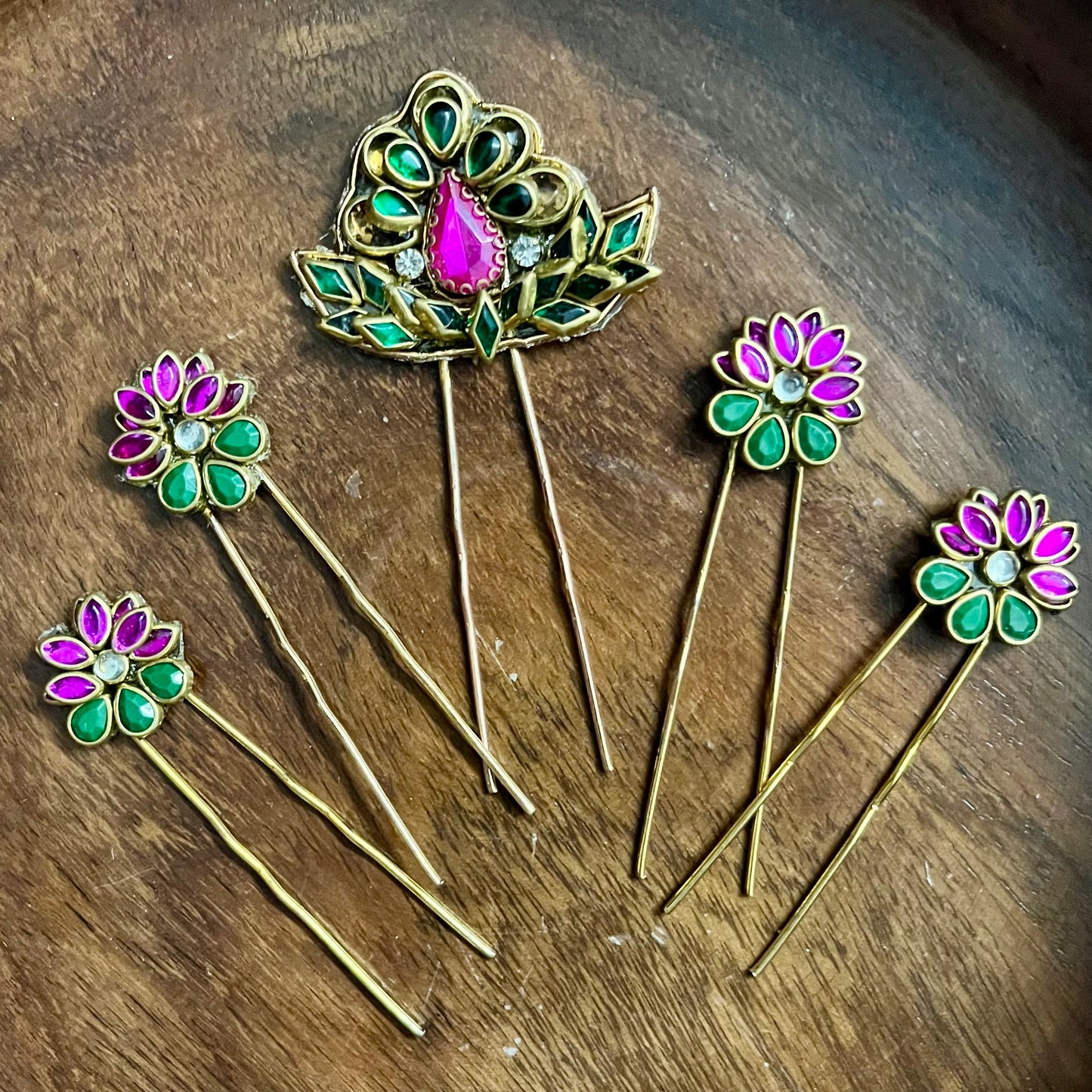 floral hair pins, kundan hair pins, traditional hair accessories, bridal hair pins, pink and green hair pins, Indian hair accessories, ethnic hair pins, festive hair accessories, wedding hair pins, bun pins for women, South Indian hair pins, kundan style pins, hair accessories for saree, handmade hair pins, designer hair accessories, gold plated hair pins, floral hair jewelry, pearl hair pins, hair pins for lehenga, Chandrika Petal Pins