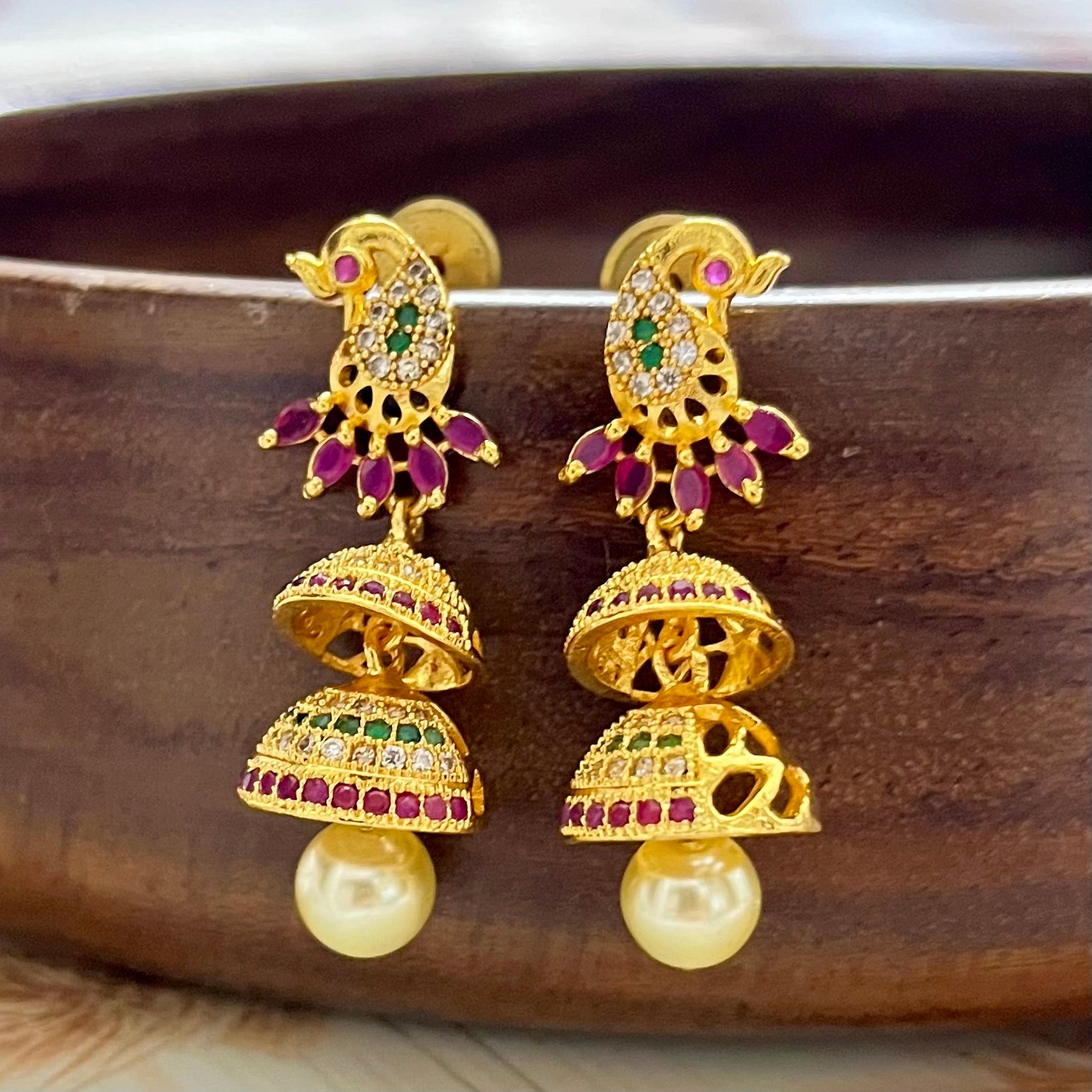 peacock jhumkas, traditional earrings, gold plated jhumkas, ethnic jewellery, indian earrings, festive earrings, party wear jhumkas, kundan earrings, bridal jewellery, designer jhumkas, temple jewellery, jhumka earrings, double layer jhumkas, colorful jhumkas, statement earrings, south indian jewellery, wedding earrings, handmade earrings, boutique earrings, Matsya Boutique