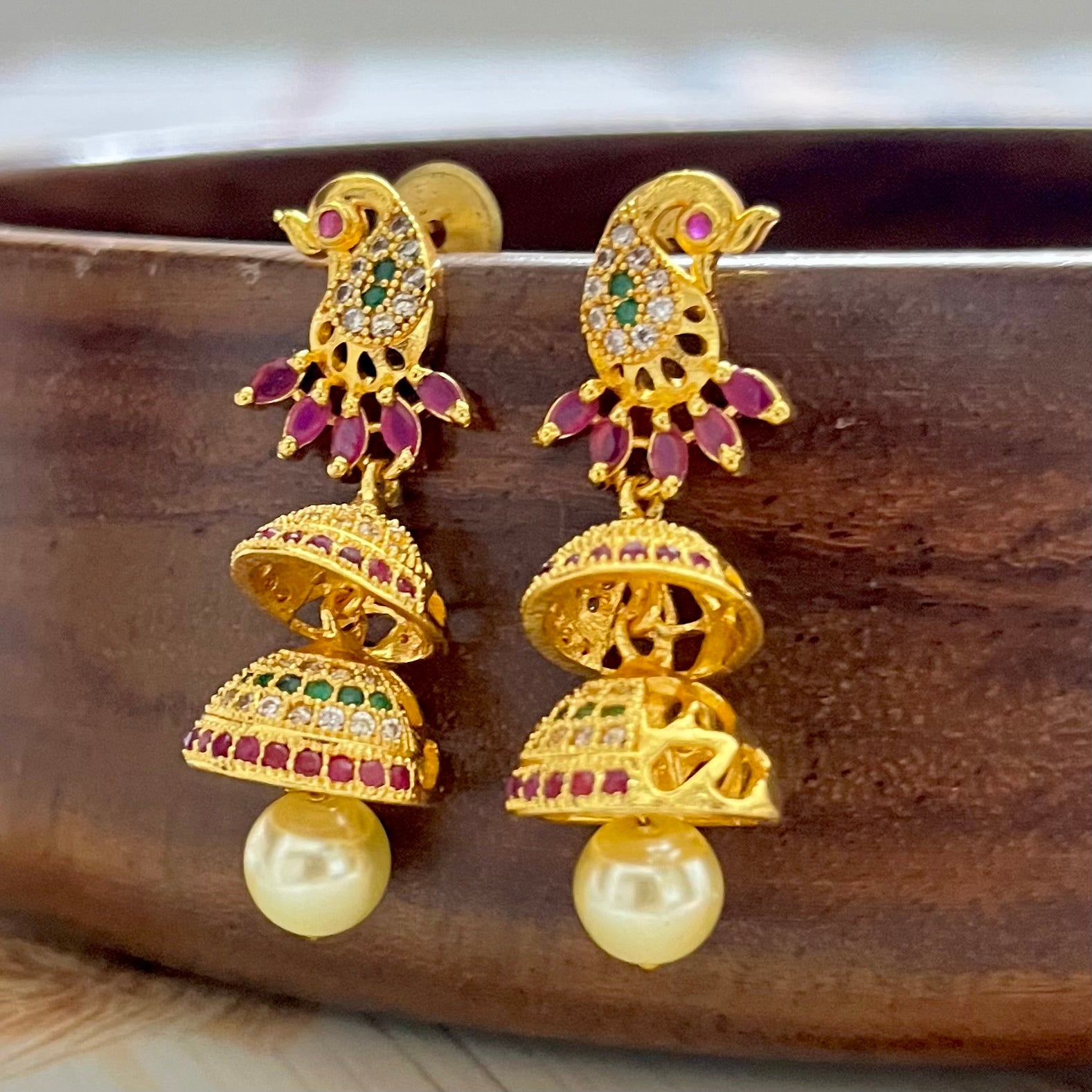 peacock jhumkas, traditional earrings, gold plated jhumkas, ethnic jewellery, indian earrings, festive earrings, party wear jhumkas, kundan earrings, bridal jewellery, designer jhumkas, temple jewellery, jhumka earrings, double layer jhumkas, colorful jhumkas, statement earrings, south indian jewellery, wedding earrings, handmade earrings, boutique earrings, Matsya Boutique