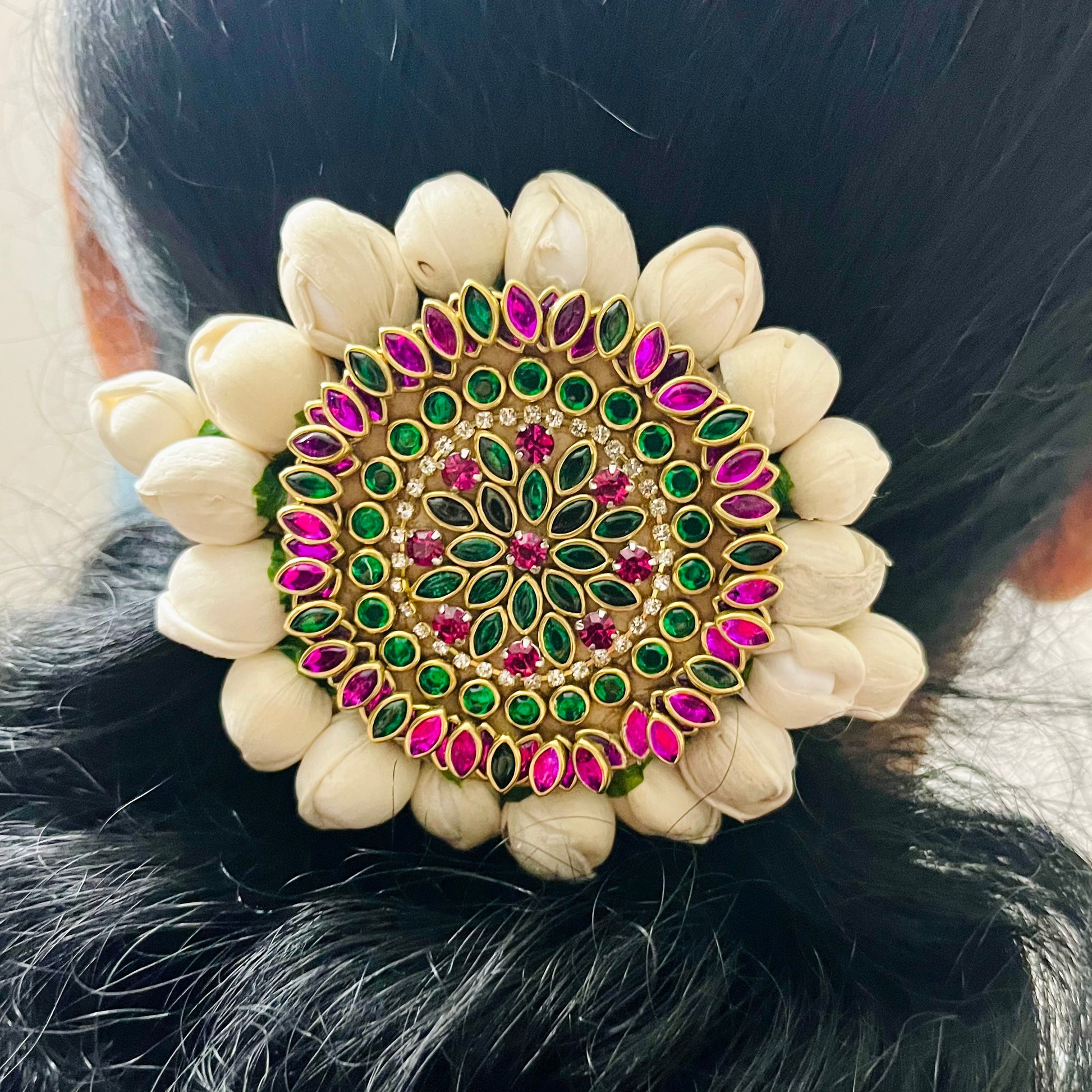 floral juda pin, hair accessories for bun, bridal juda pin, kundan juda pin, jasmine juda pin, traditional hair accessory, indian bridal hair accessory, handcrafted juda pin, wedding hair accessory, artificial gajra pin, south indian hair accessory, floral hair brooch, juda pin for saree look, festive hair accessory, juda pin set