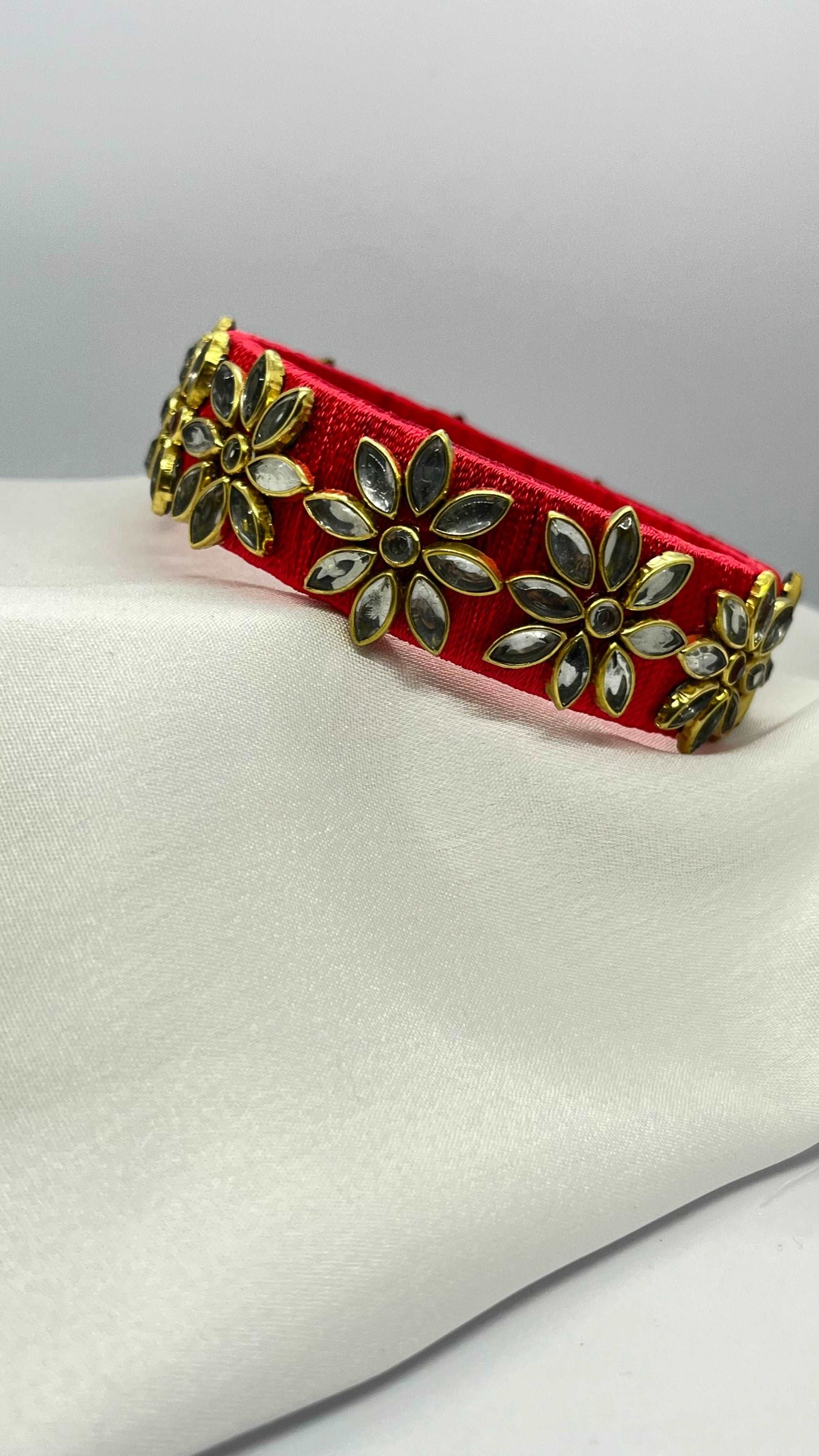 Red silk thread with white Kundan stones - MATSYA BOUTIQUE