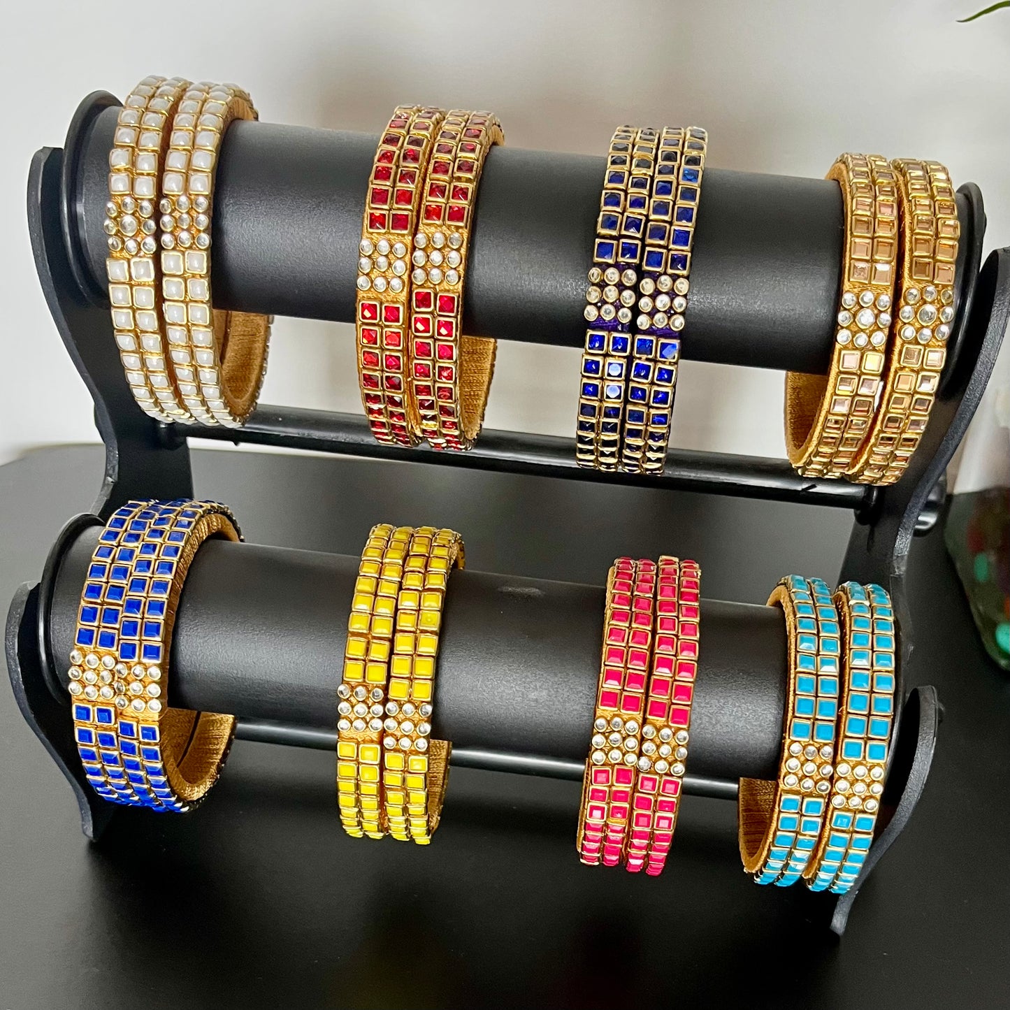 Kundan bangles, double line bangles, return gift bangles, traditional bangles, wedding return gifts, festive bangles, handmade bangles, colorful bangles, Indian bangles, party wear bangles, silk thread bangles, kundan jewelry, ethnic bangles, bridal bangles, mehendi favors, haldi function gifts, Navaratri gifts, baby shower return gifts, pooja gifts, boutique bangles