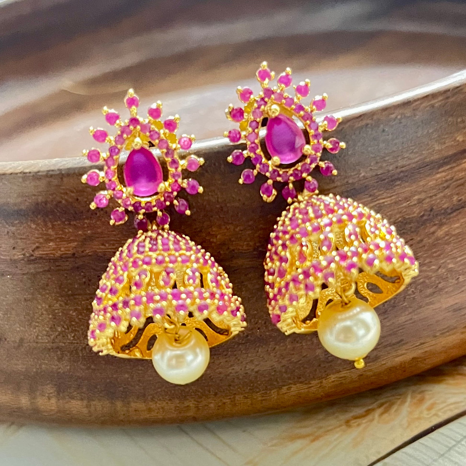 Padmavati Jhumkas, traditional jhumkis, statement earrings, gold pink earrings, Indian wedding jewelry, festive wear accessories, ethnic jhumkas, Matsya Boutique