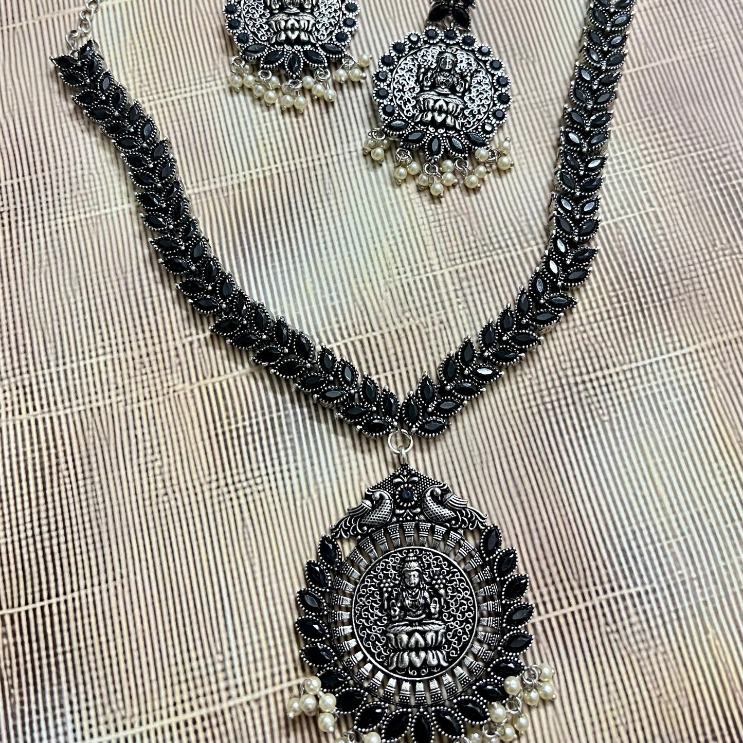 Oxidized Jewelry, Temple Jewelry Set, Lakshmi Necklace Set, Traditional Necklace, Indian Ethnic Jewelry, Antique Silver Jewelry, Festival Jewelry, Goddess Pendant Set, Handcrafted Jewelry, Pearl Drop Necklace, Oxidized Necklace for Women, South Indian Jewelry, Ethnic Wear Accessories, Oxidized Earrings Set, Bridal Temple Jewelry, Statement Necklace Set, Jewelry for Saree, Handmade Oxidized Jewelry, Indian Festive Jewelry, Boho Ethnic Jewelry