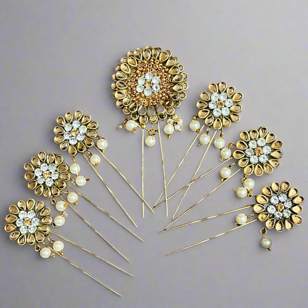 handmade hair accessories, Kundan hair pins, bridal hair pins, floral hair accessories, pearl hair pins, bun hair pins for wedding, traditional hair accessories, Indian wedding hair jewelry, ethnic hair pins, hair accessories for lehenga, golden U pin hair accessories, kundan bun pins, festive hair pins, silk thread jewelry accessories, crystal hair pins India