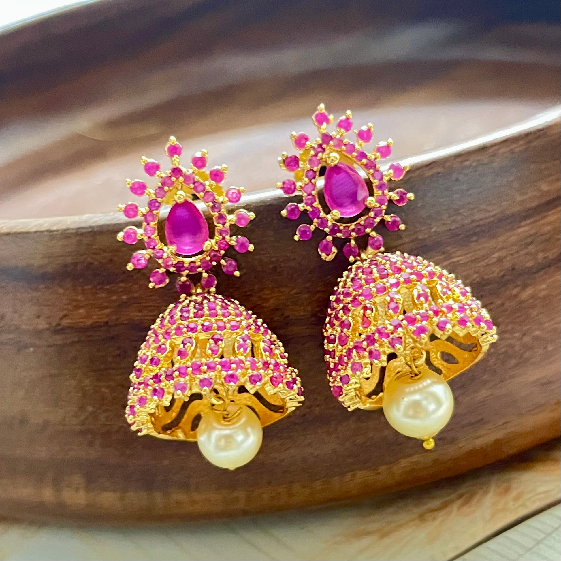 Padmavati Jhumkas, traditional jhumkis, statement earrings, gold pink earrings, Indian wedding jewelry, festive wear accessories, ethnic jhumkas, Matsya Boutique