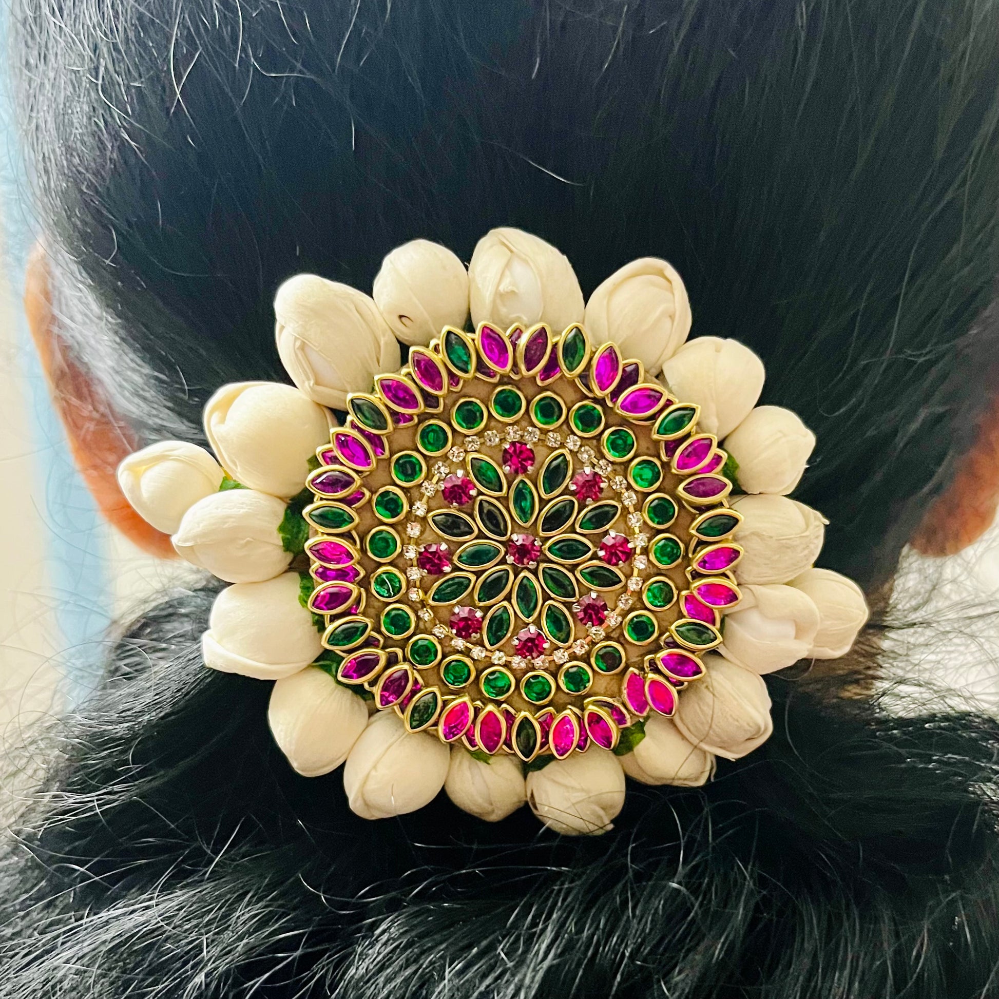 floral juda pin, hair accessories for bun, bridal juda pin, kundan juda pin, jasmine juda pin, traditional hair accessory, indian bridal hair accessory, handcrafted juda pin, wedding hair accessory, artificial gajra pin, south indian hair accessory, floral hair brooch, juda pin for saree look, festive hair accessory, juda pin set
