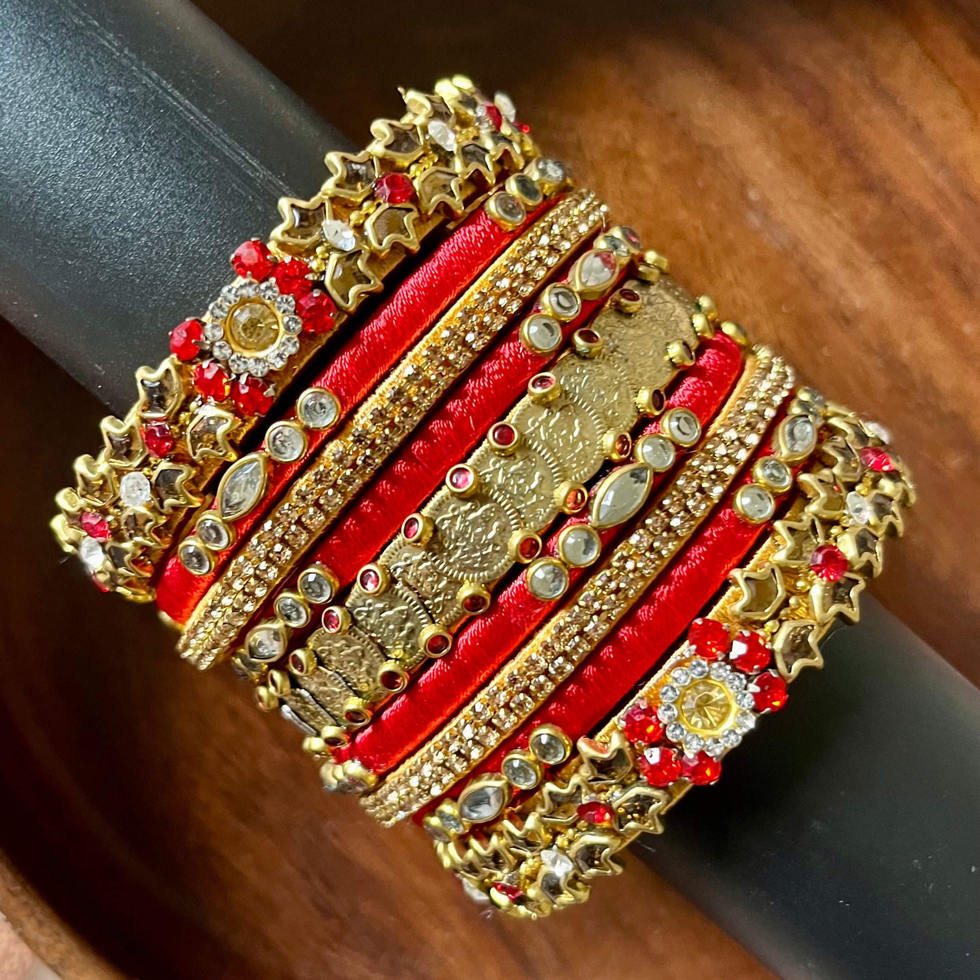 red and gold bangles, bridal bangle set, silk thread bangles, kundan bangles, handmade bangles, traditional bangle set, wedding bangles, Indian bridal jewelry, ethnic bangles, red bangle set, gold bangle set, 9 piece bangle set, festive bangles, designer bangles, Chandrika Charm bangles