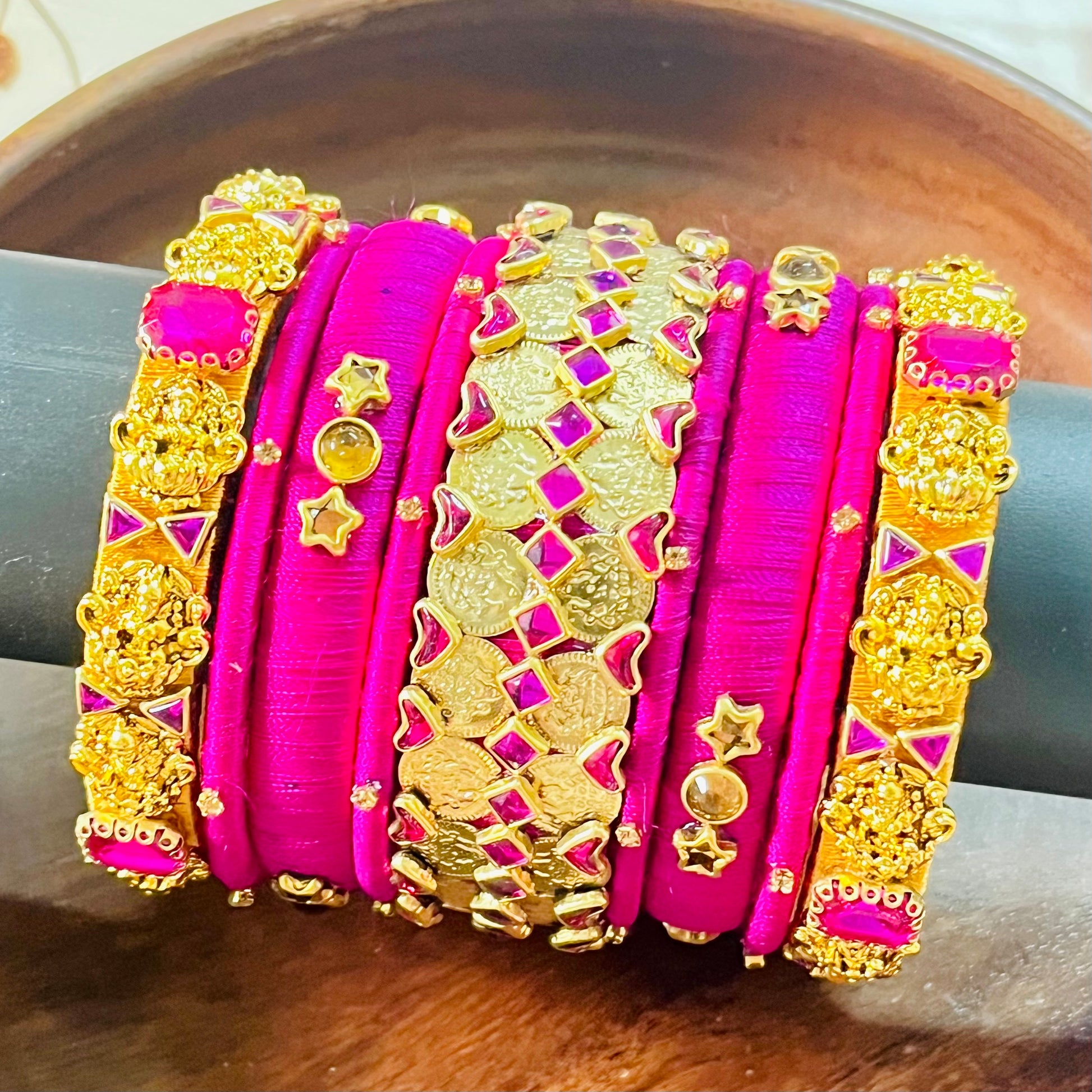 Handmade silk thread bangles, Pink and gold bangle set, Traditional Indian bangles, Designer bangle combo, Ethnic jewelry set, Wedding bangle set, Party wear bangles, Kundan style bangles, Bridal bangles India, Custom bangles Bangalore, Gold plated bangles, Silk thread jewelry, Festive bangles combo, Indian accessories, Ethnic fashion jewelry, Boutique bangles online, Handmade Indian jewelry, Traditional accessories India, Stylish bangles for women, Gold and pink bangles, Vibrant Indian bangles, Bangle stac