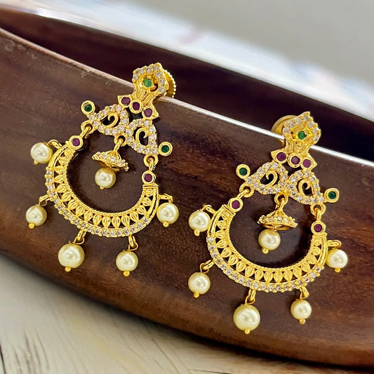 chandbali earrings, gold plated earrings, traditional earrings, kundan earrings, pearl chandbali, bridal earrings, ethnic jewelry, festive wear earrings, wedding jewelry, indian earrings, temple jewelry, south indian earrings, gold finish earrings, handmade earrings, navratri jewelry, diwali earrings, bridal accessory, haldi jewelry, mehndi earrings
