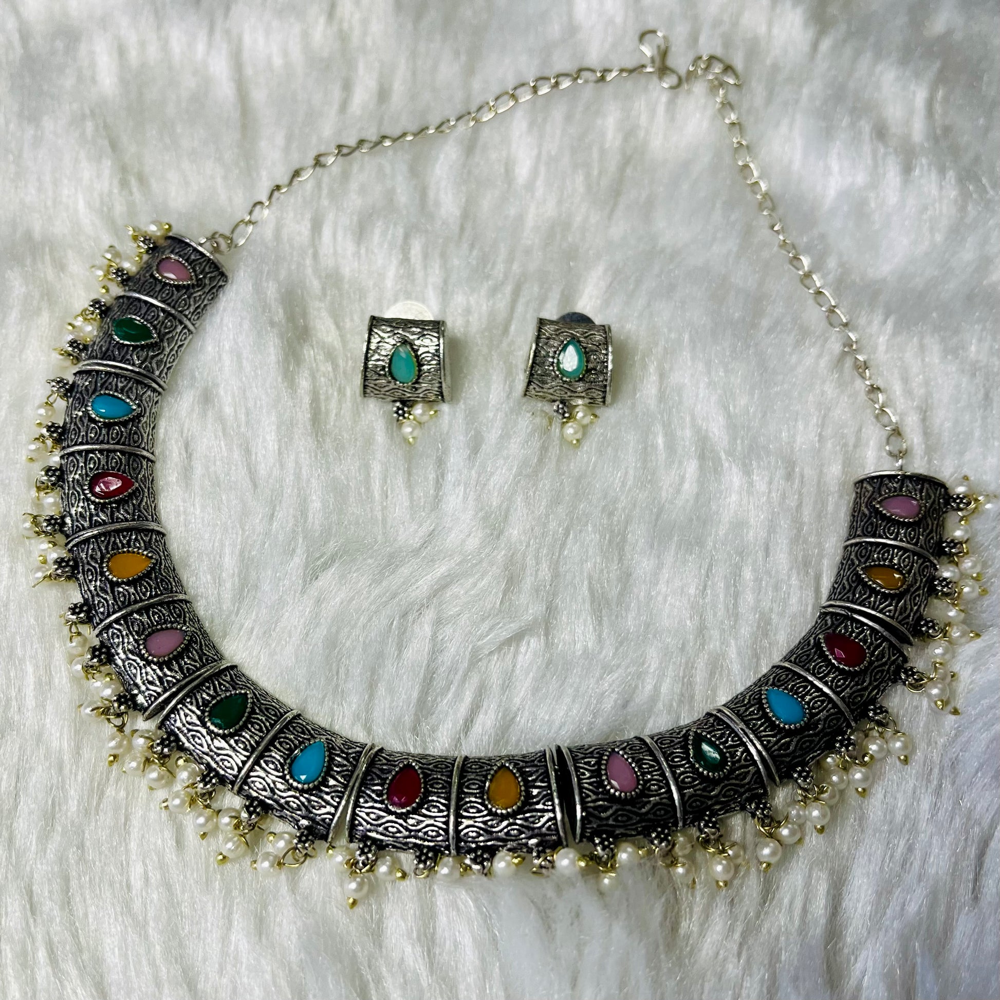 oxidized necklace set, multicolor oxidized jewelry, Indian necklace and earrings, ethnic jewelry set, traditional jewelry for women, boho oxidized necklace, festival wear jewelry, antique silver necklace, handmade necklace earrings set, colorful oxidized necklace, oxidized choker with pearls, statement Indian necklace, tribal style jewelry, oxidized jewellery online India, boho chic necklace set