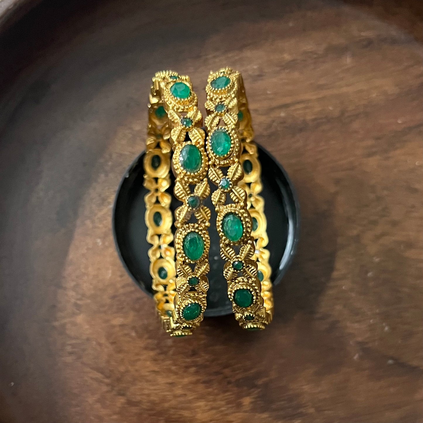 Vintage-Style Gold Bangles with Green Stones