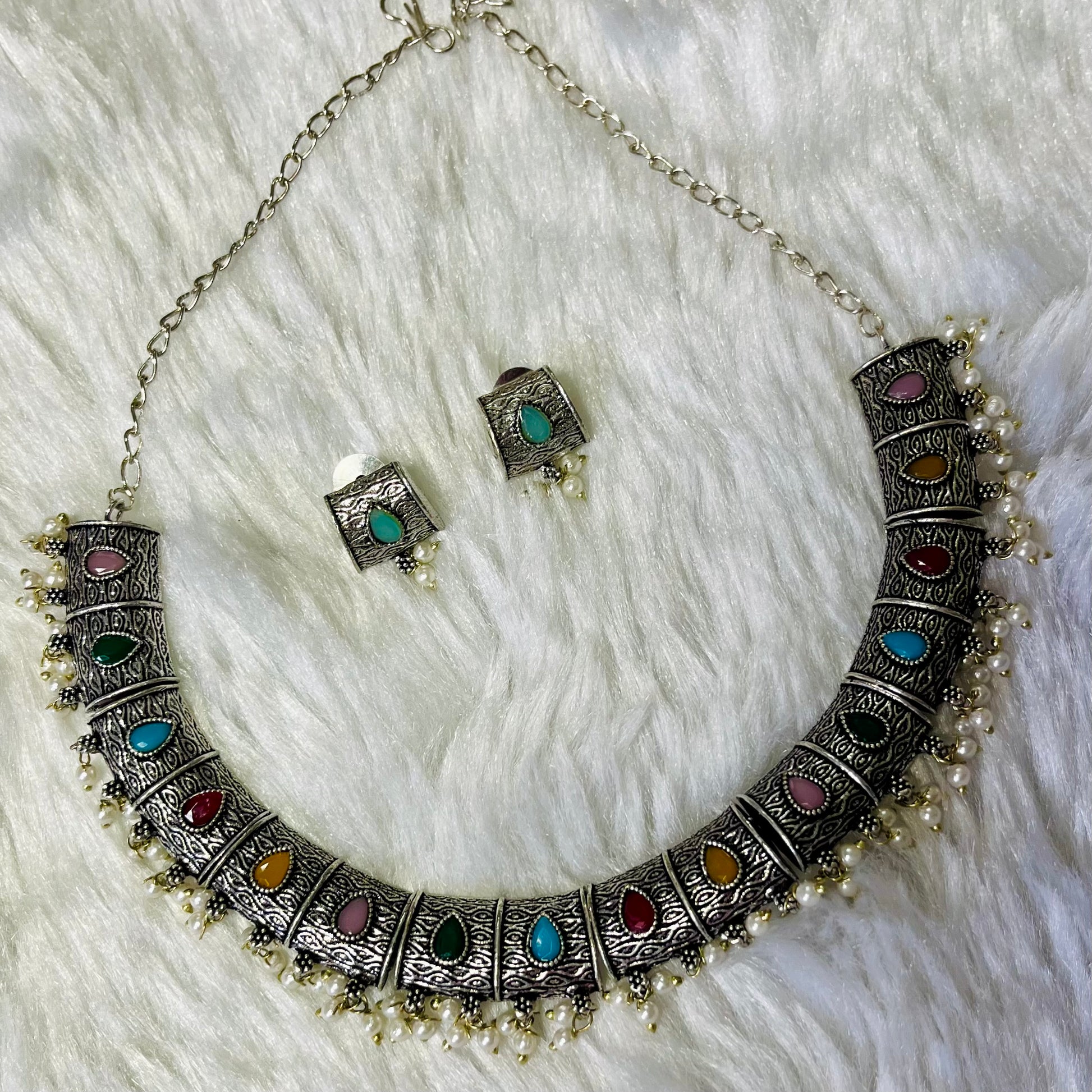 oxidized necklace set, multicolor oxidized jewelry, Indian necklace and earrings, ethnic jewelry set, traditional jewelry for women, boho oxidized necklace, festival wear jewelry, antique silver necklace, handmade necklace earrings set, colorful oxidized necklace, oxidized choker with pearls, statement Indian necklace, tribal style jewelry, oxidized jewellery online India, boho chic necklace set