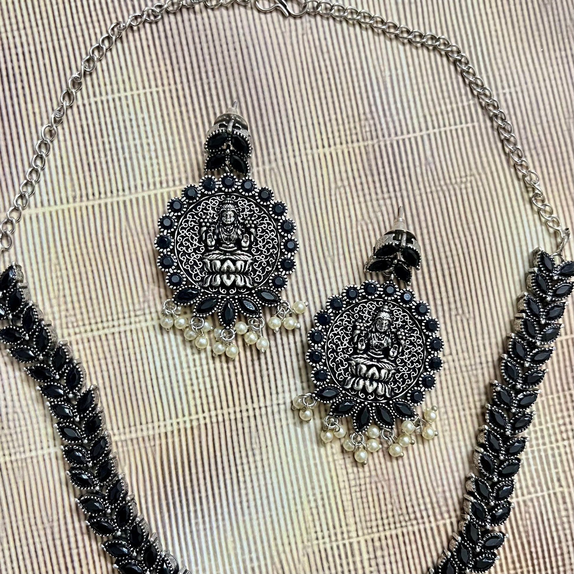 Oxidized Jewelry, Temple Jewelry Set, Lakshmi Necklace Set, Traditional Necklace, Indian Ethnic Jewelry, Antique Silver Jewelry, Festival Jewelry, Goddess Pendant Set, Handcrafted Jewelry, Pearl Drop Necklace, Oxidized Necklace for Women, South Indian Jewelry, Ethnic Wear Accessories, Oxidized Earrings Set, Bridal Temple Jewelry, Statement Necklace Set, Jewelry for Saree, Handmade Oxidized Jewelry, Indian Festive Jewelry, Boho Ethnic Jewelry